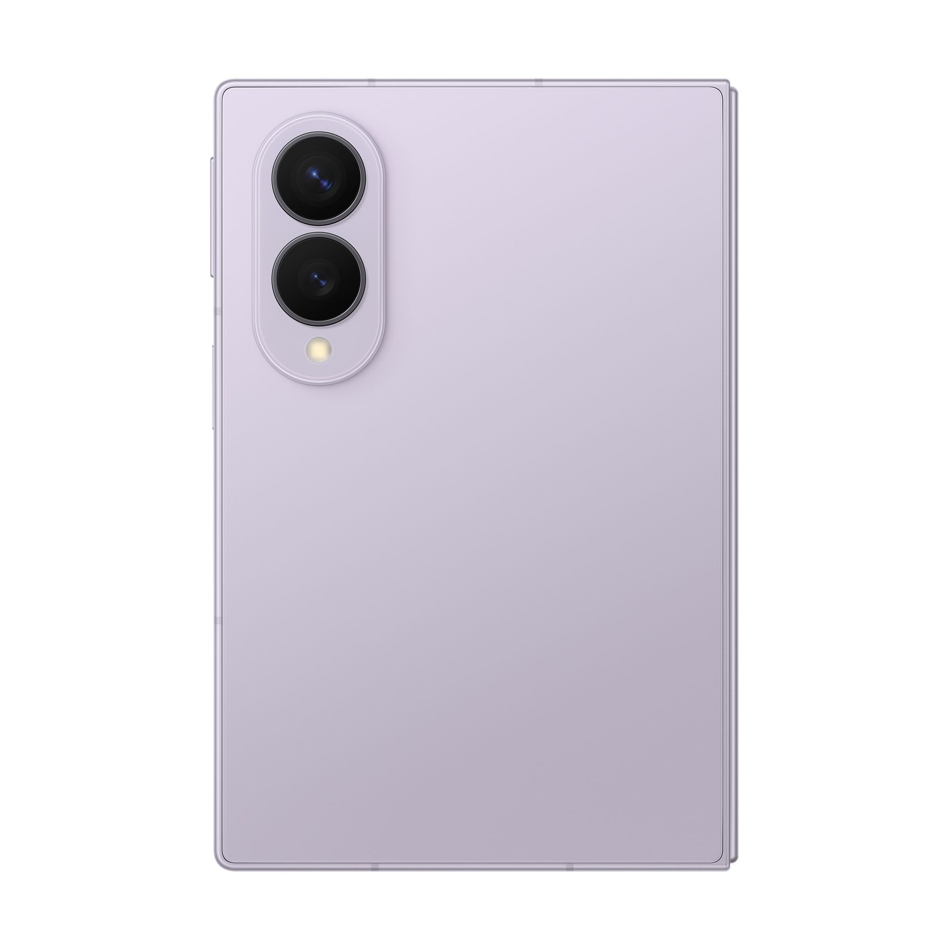 Retro di uno smartphone viola chiaro con doppia fotocamera verticale e flash.