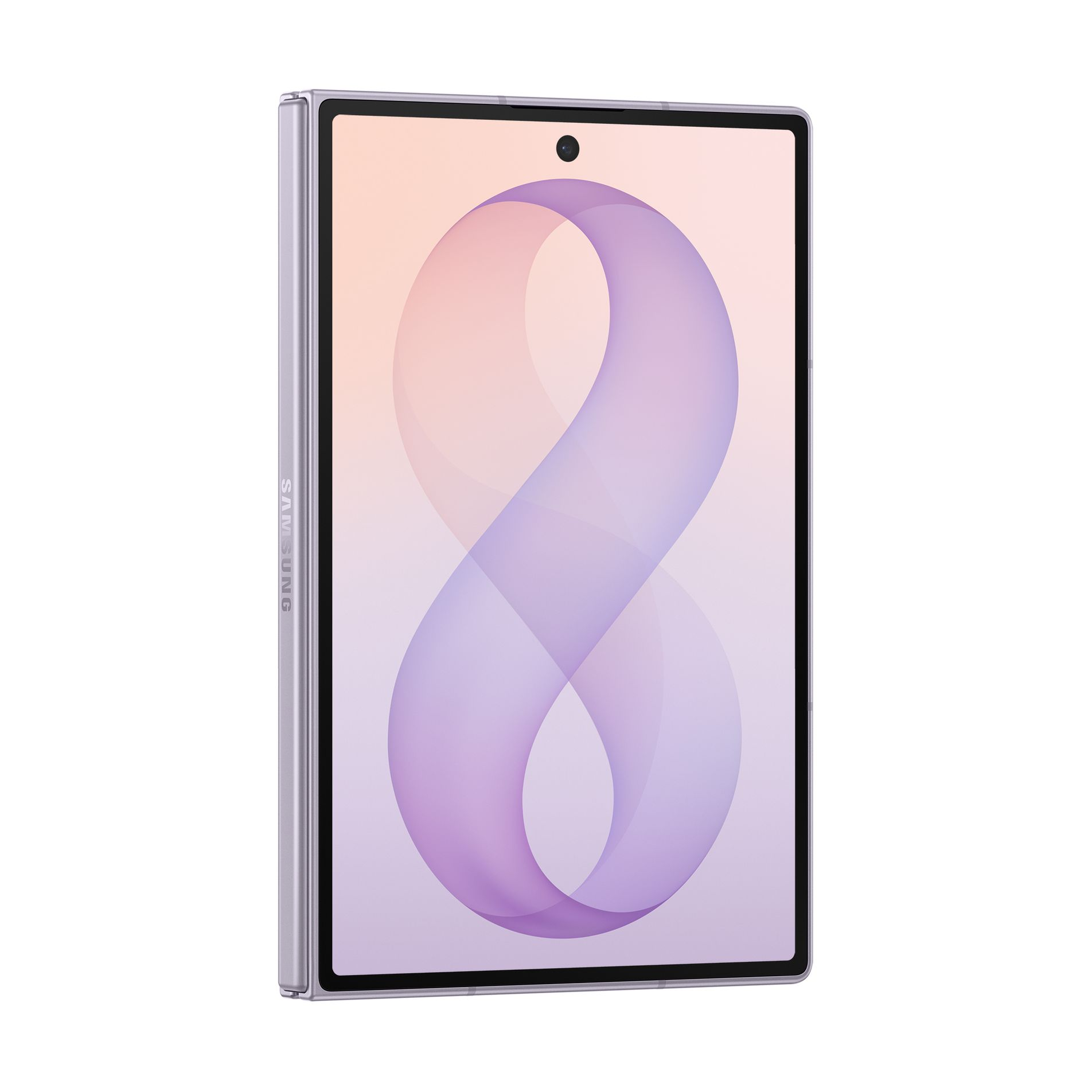 Uno smartphone Samsung argento con sfondo rosa e una figura a forma di otto viola sullo schermo.