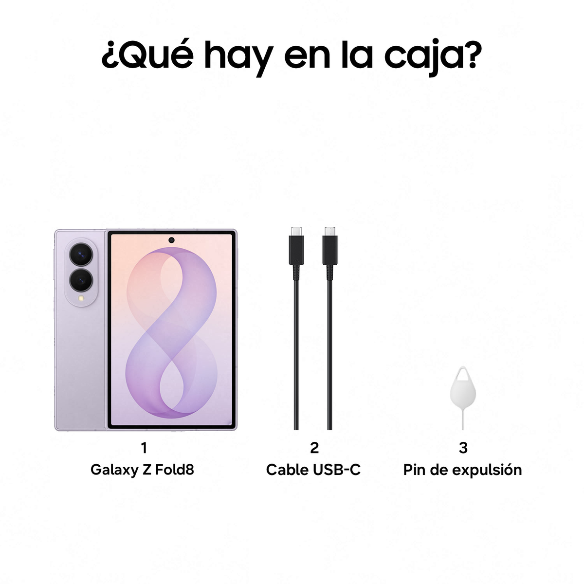 Contenuto della confezione con Galaxy Z Fold8, cavo USB-C e graffetta per SIM su sfondo bianco.