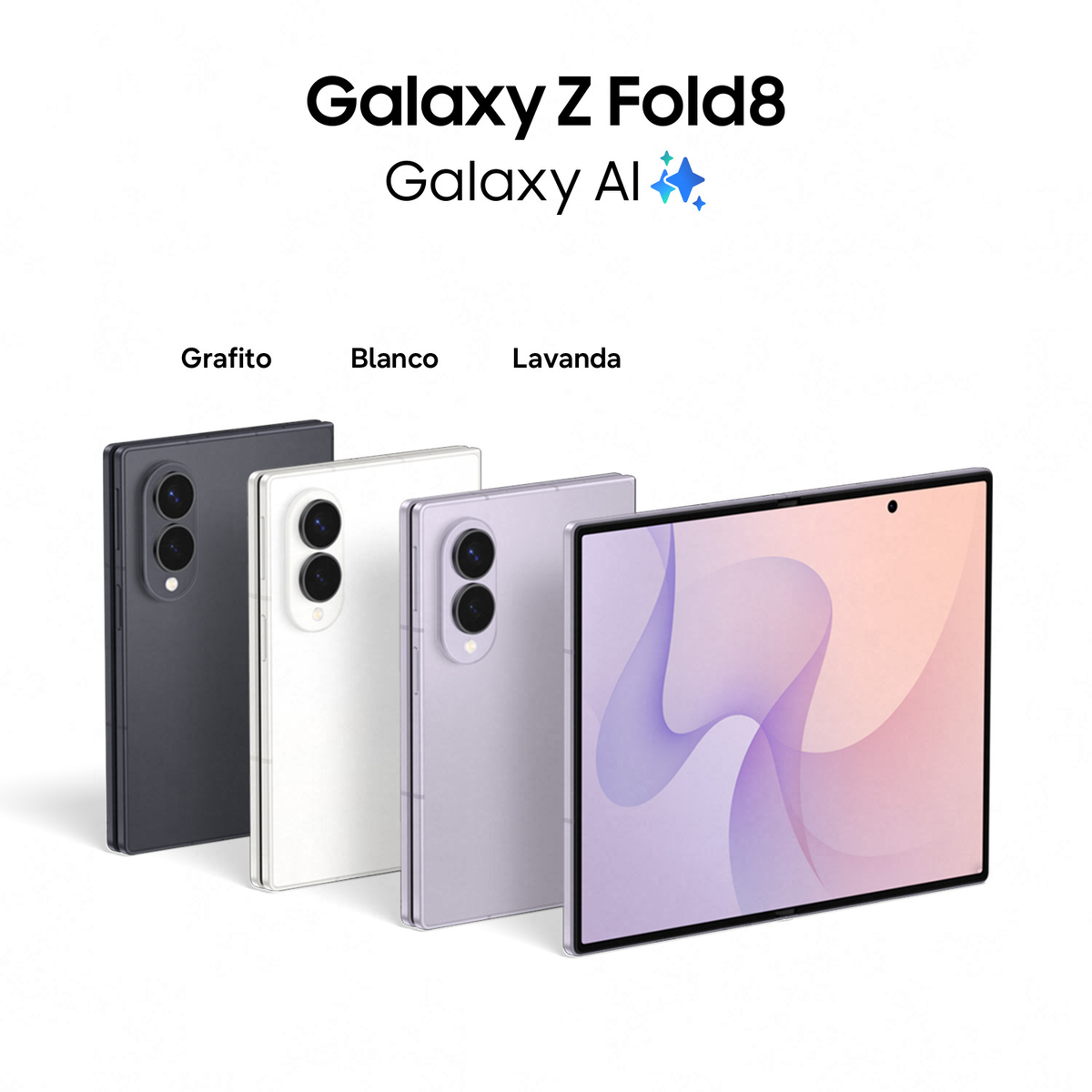 Tre smartphone Samsung Galaxy Z Fold8 nei colori Grafito, Blanco e Lavanda su sfondo bianco.