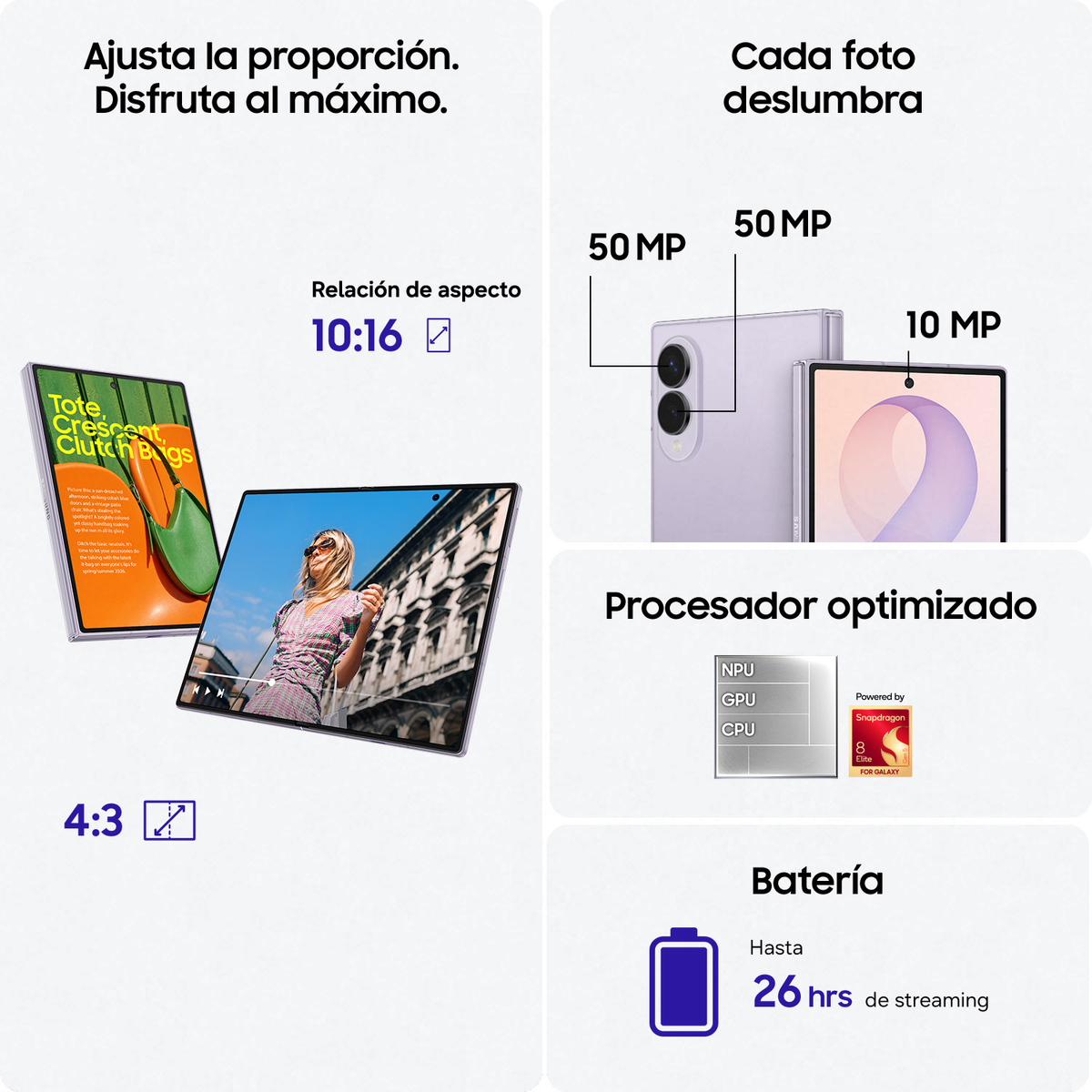 Grafica promozionale di uno smartphone con dettagli su fotocamera, processore e batteria.