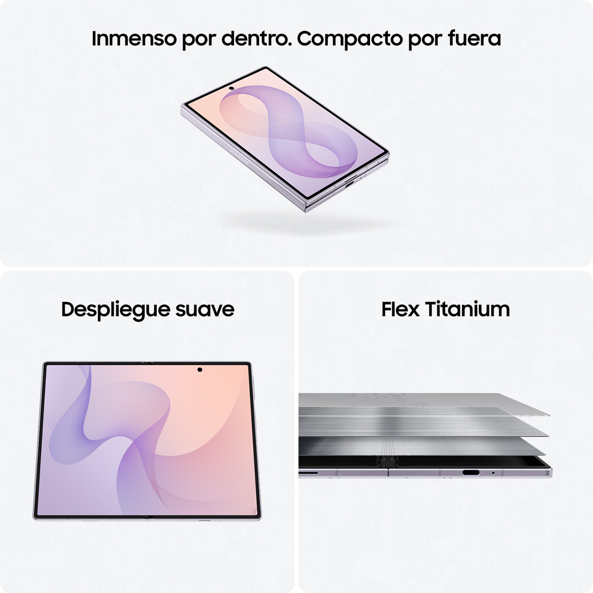 Pubblicità per uno smartphone pieghevole con tre immagini e testo in spagnolo.