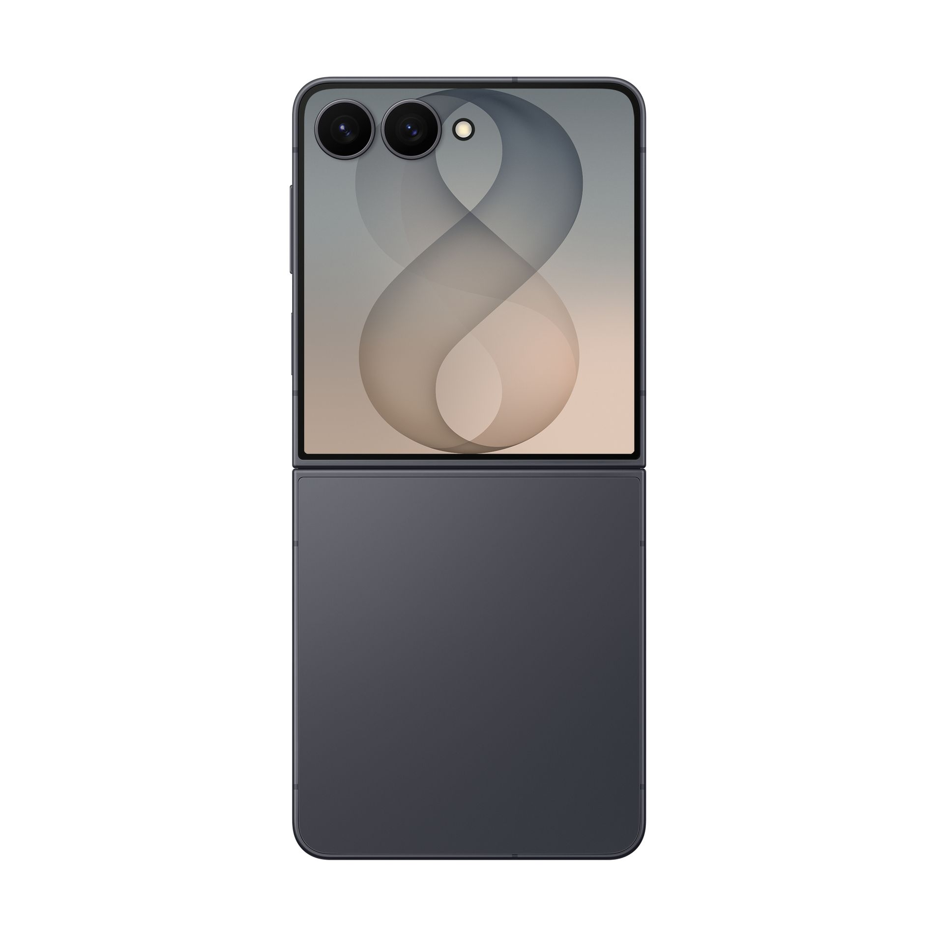 Smartphone pieghevole grigio scuro con due fotocamere posteriori e display esterno che mostra un motivo astratto a otto.