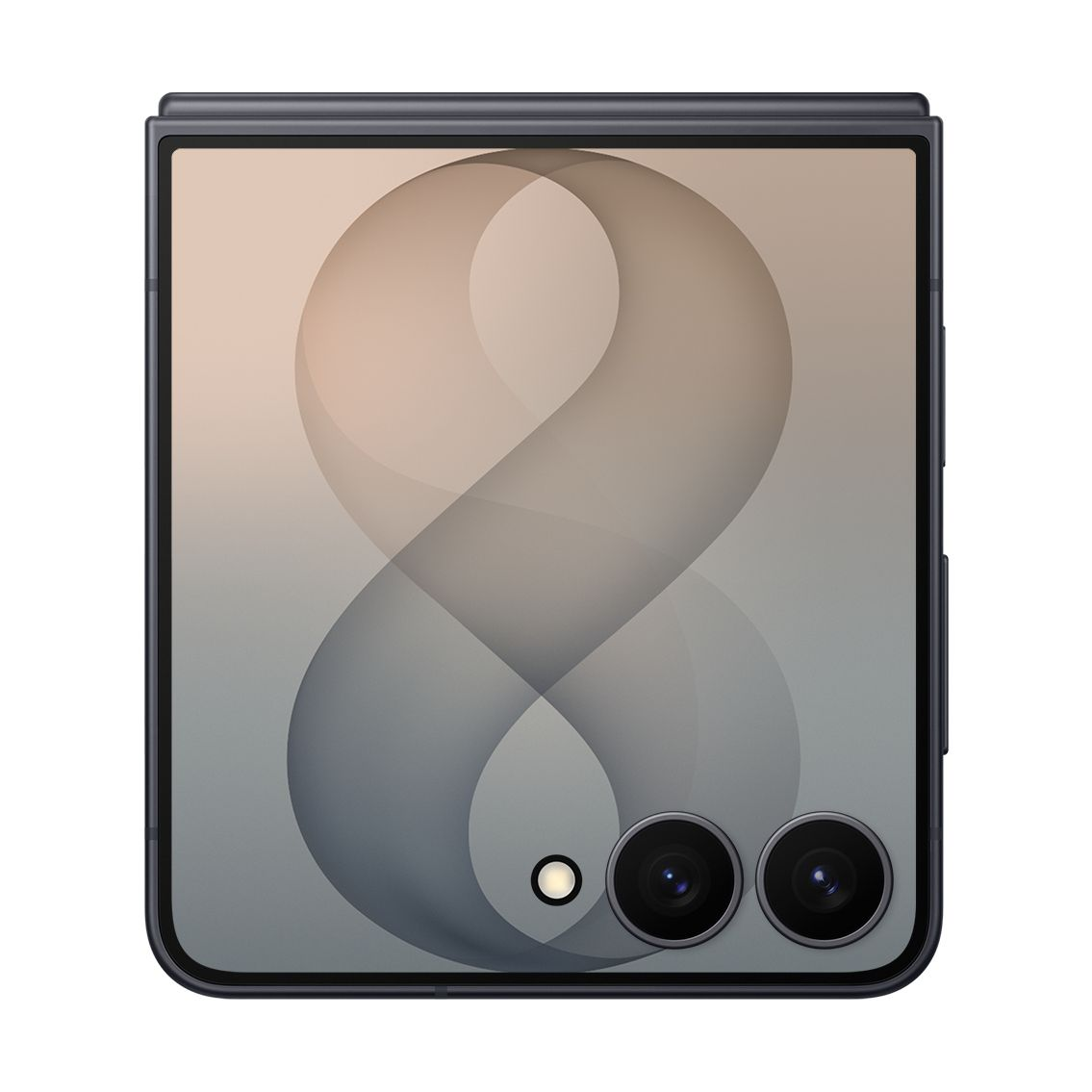 Un telefono pieghevole grigio scuro chiuso con due fotocamere e flash LED sul retro, con uno sfondo a onde astratte.