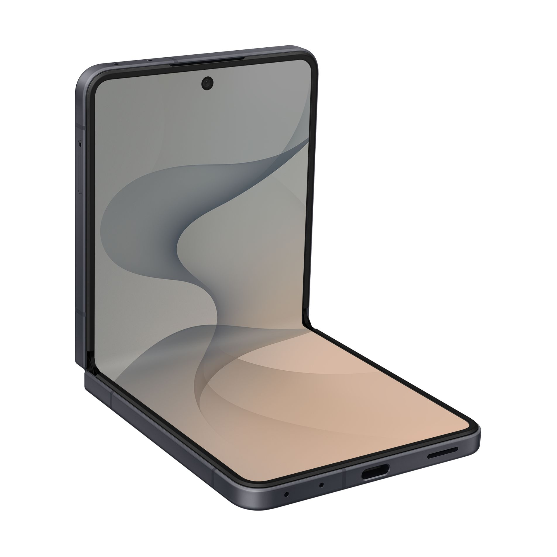 Uno smartphone pieghevole grigio con uno sfondo liscio e ondulato sullo schermo aperto.