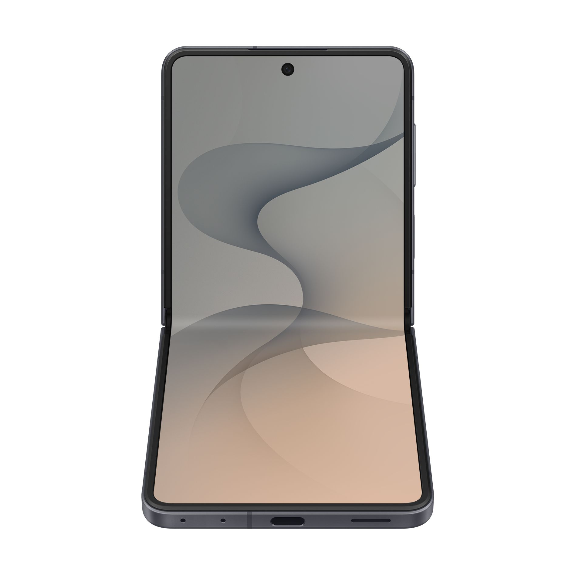 Uno smartphone scuro aperto con schermo flessibile e sfondo astratto ondulato su superficie bianca.