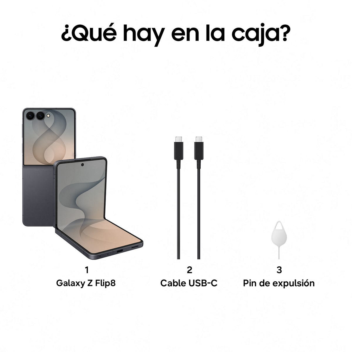 Diagramma con il contenuto della confezione del Galaxy Z Flip8: il telefono, un cavo USB-C e una spilla SIM.
