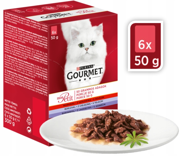 Opakowanie karmy Purina Gourmet z białym kotem i kawałkami mięsa w sosie na talerzu.