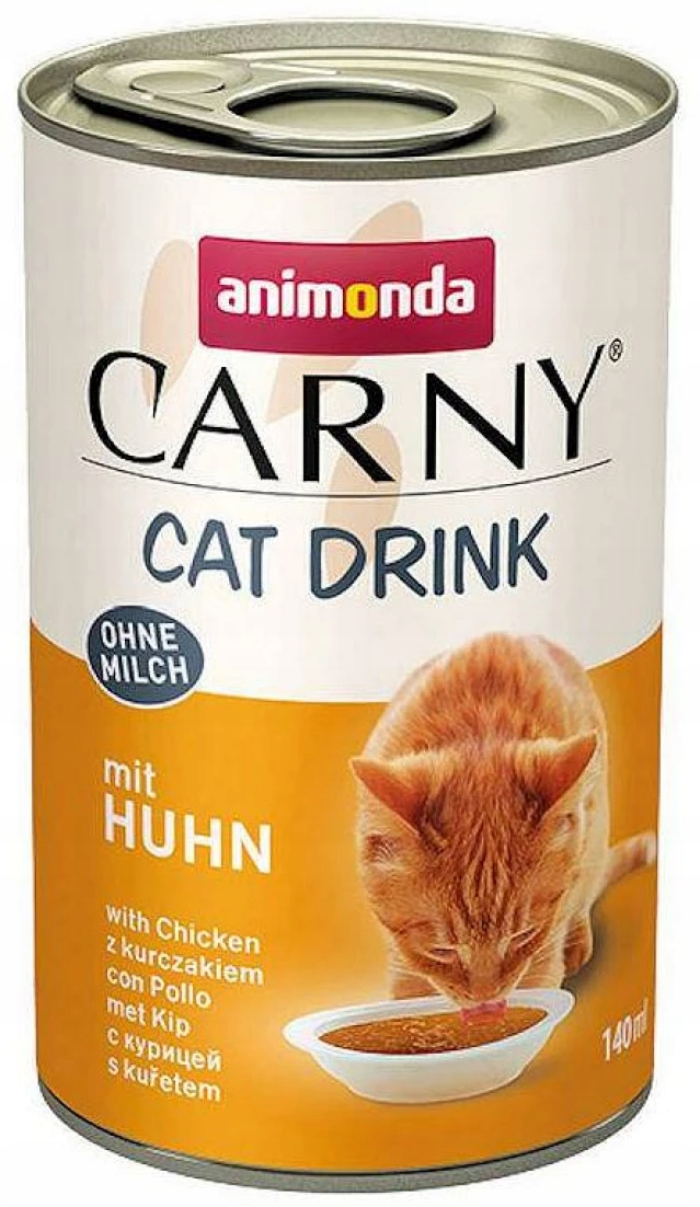 Puszka Animonda Carny Cat Drink z kurczakiem i pociągającym kotem.