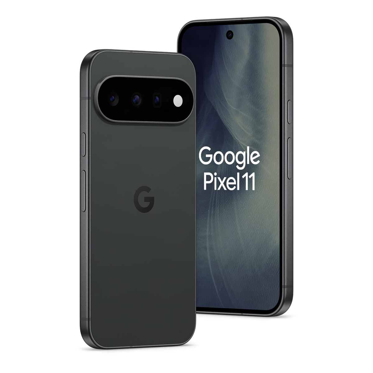 Dwa czarne smartfony Google Pixel 11 na czarnym tle, pokazujące przedni wyświetlacz i tylny aparat.