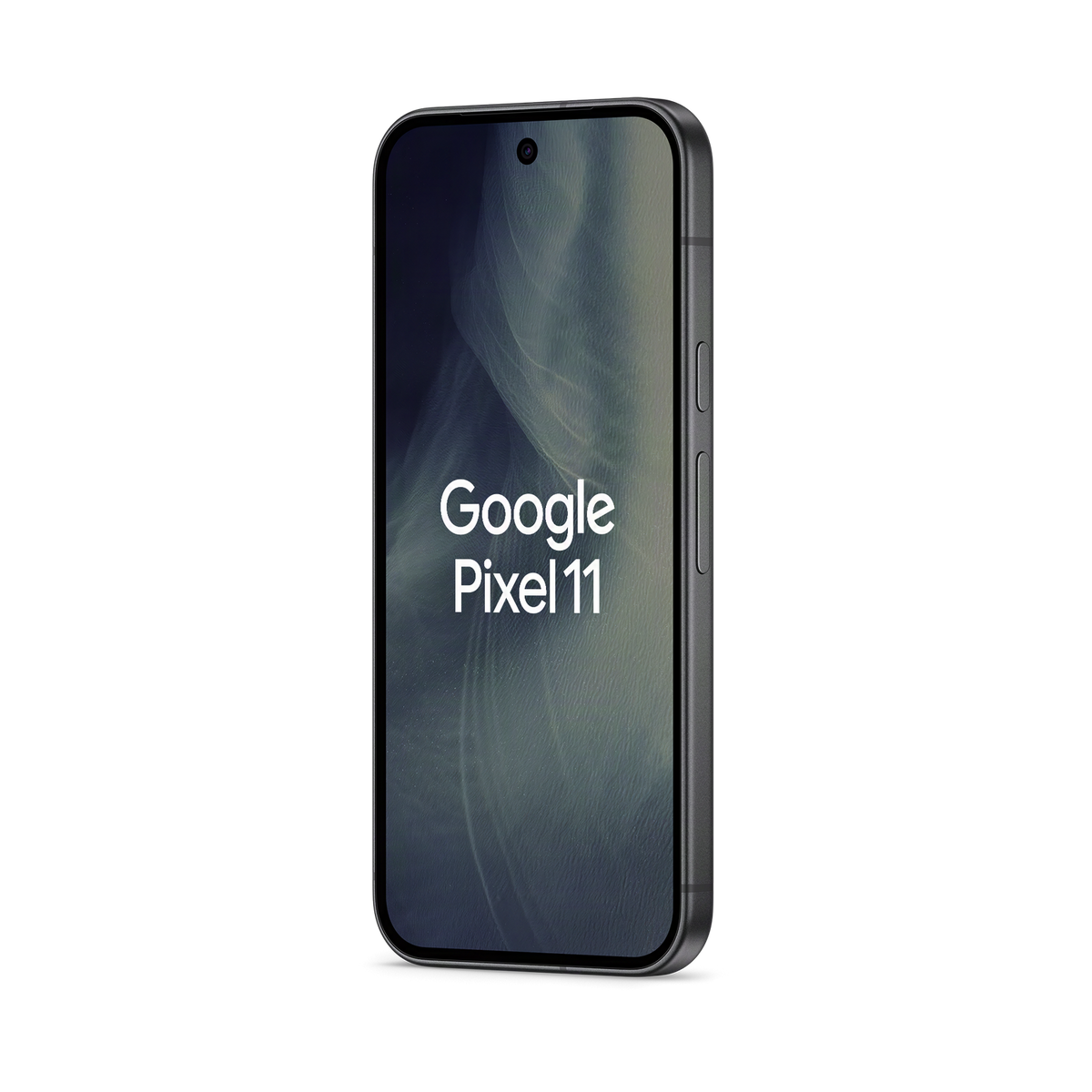 Ciemny smartfon Google Pixel 11 z tekstem na ekranie na czarnym tle.