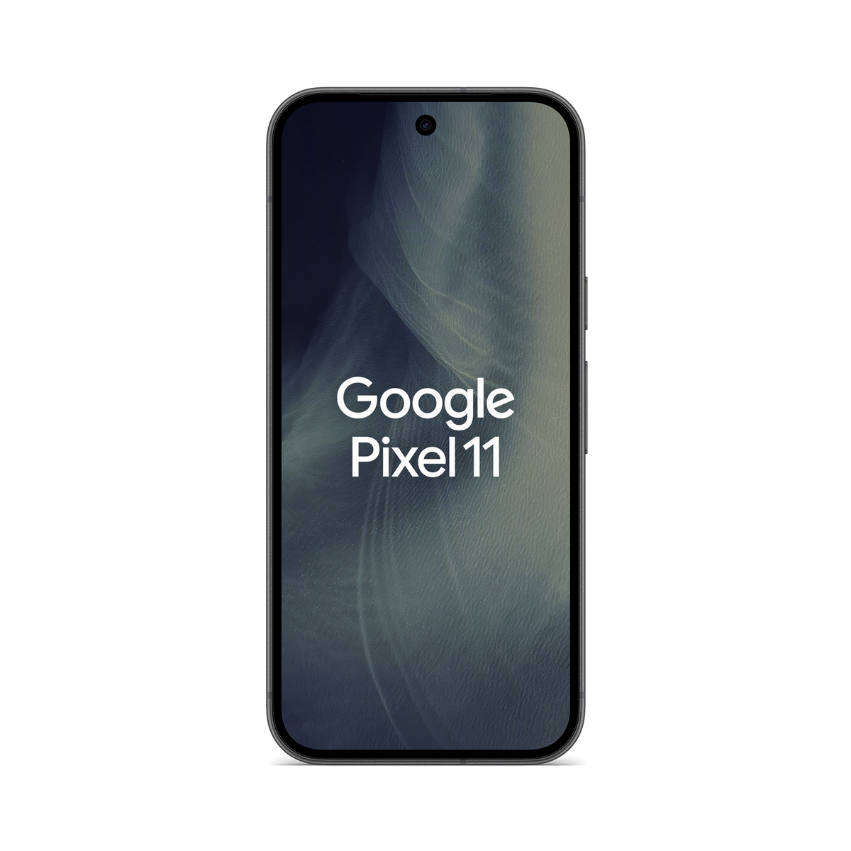 Czarny smartfon Google Pixel 11 wyświetla nazwę marki i tekst na ekranie na ciemnym tle.