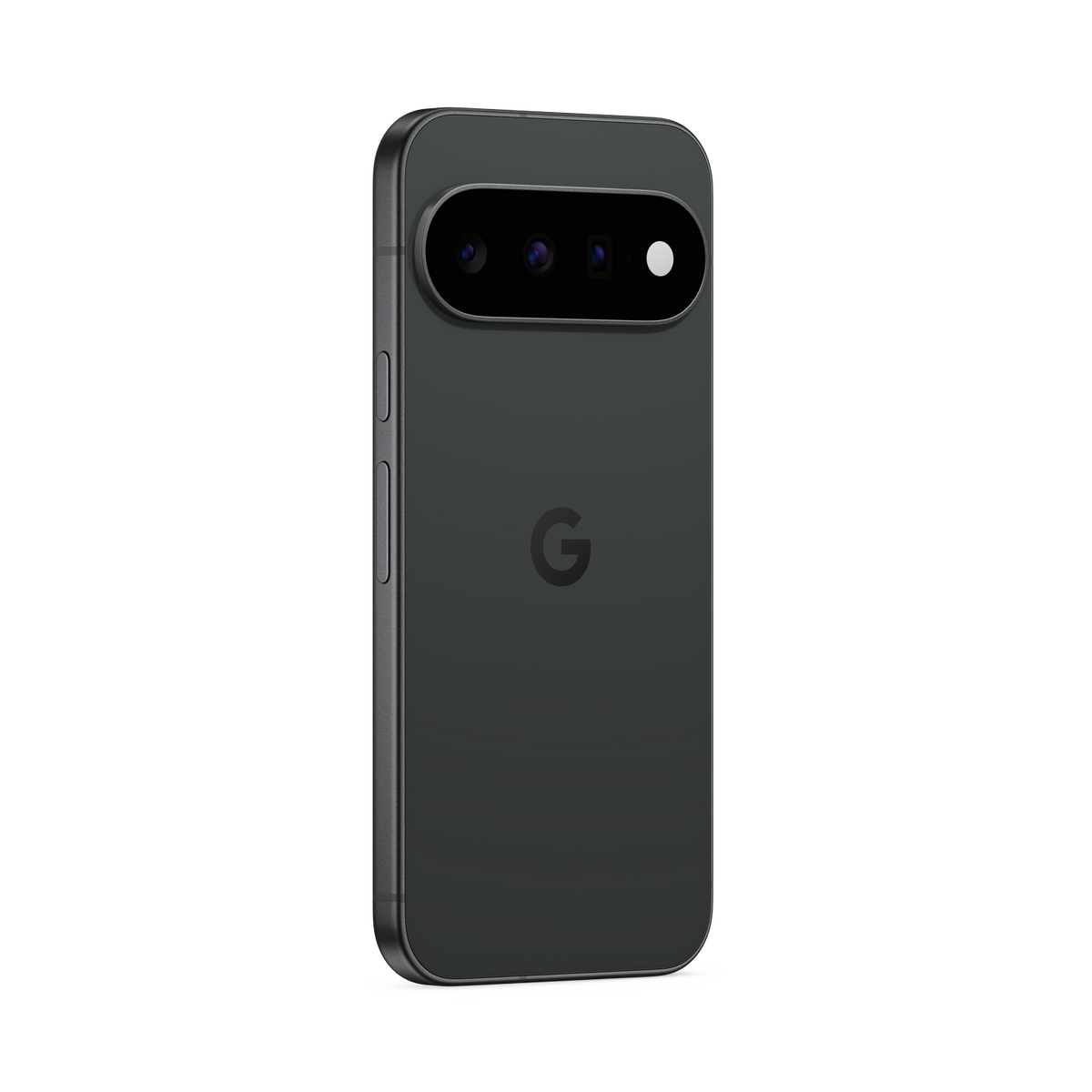 Tył czarnego smartfona Google Pixel z poziomym paskiem aparatu na czarnym tle.