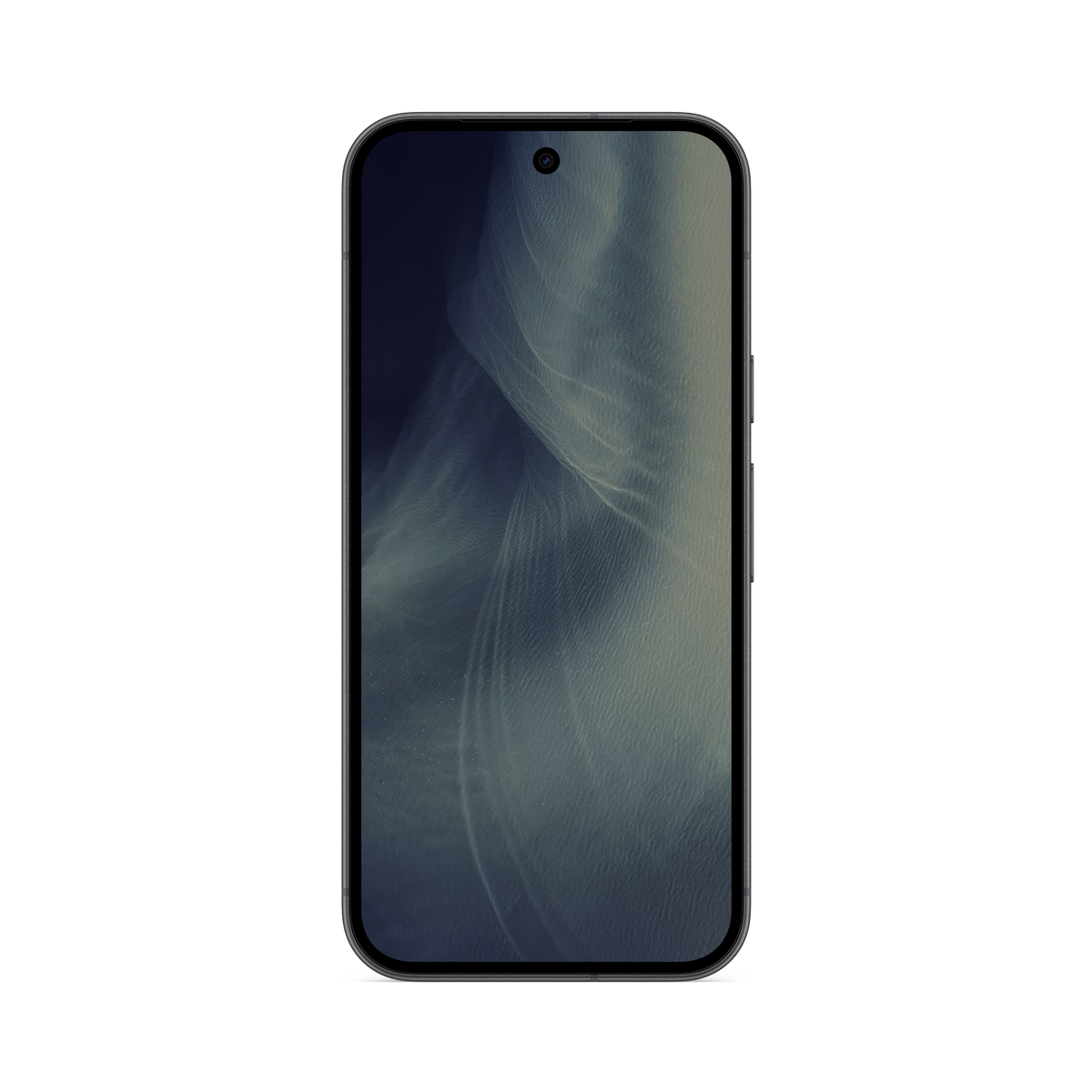 Czarny smartfon z zaokrąglonymi rogami i zakrzywioną, abstrakcyjną tapetą na ciemnym tle.