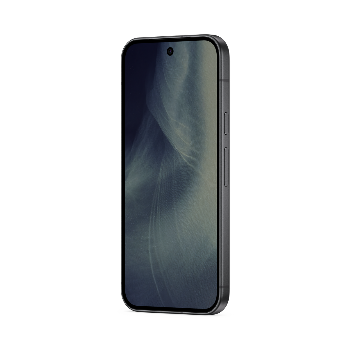 Elegancki, ciemny smartfon z teksturowaną abstrakcyjną tapetą na czarnym tle.