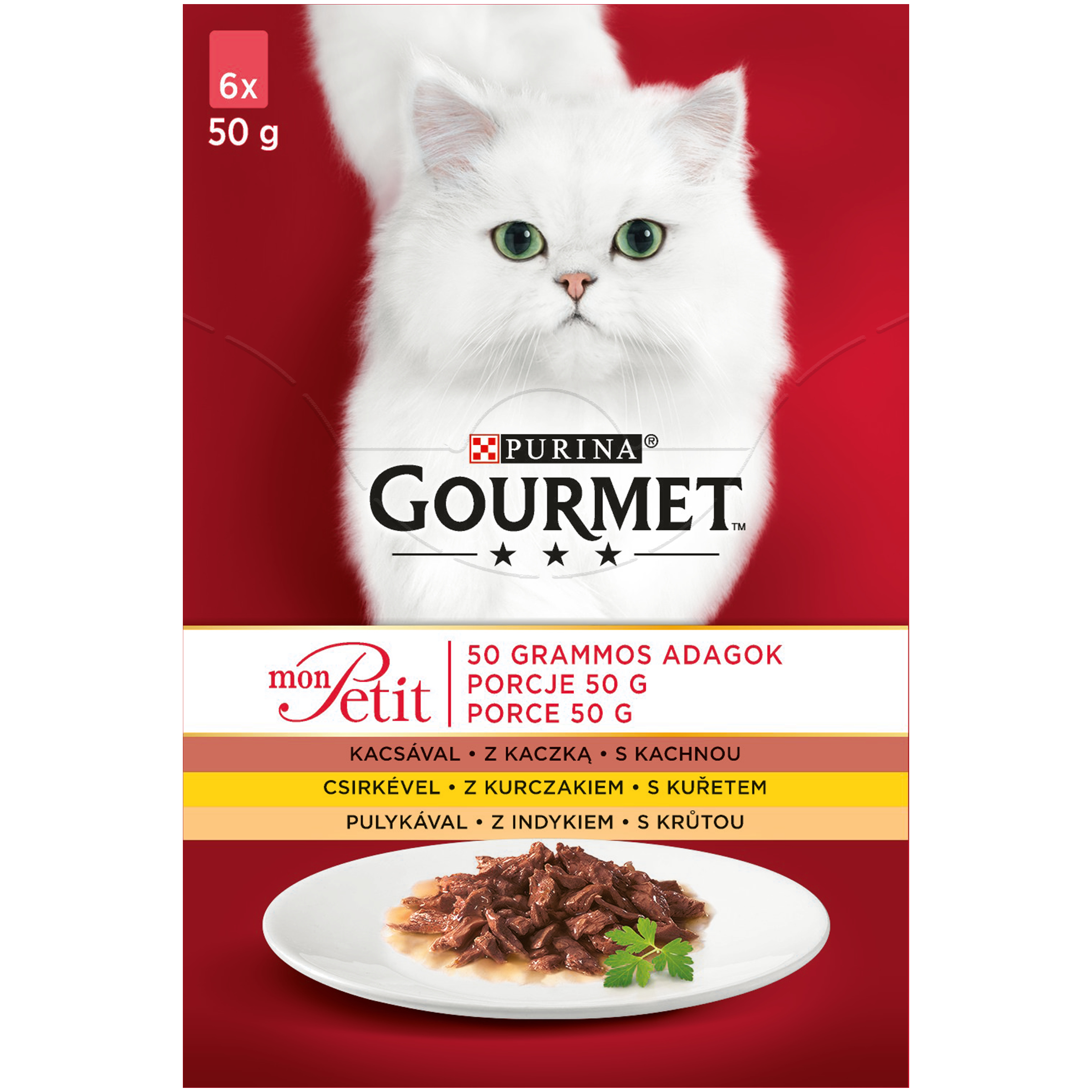 Opakowanie karmy dla kotów Purina Gourmet Mon Petit z białym kotem i miską mięsa w sosie.