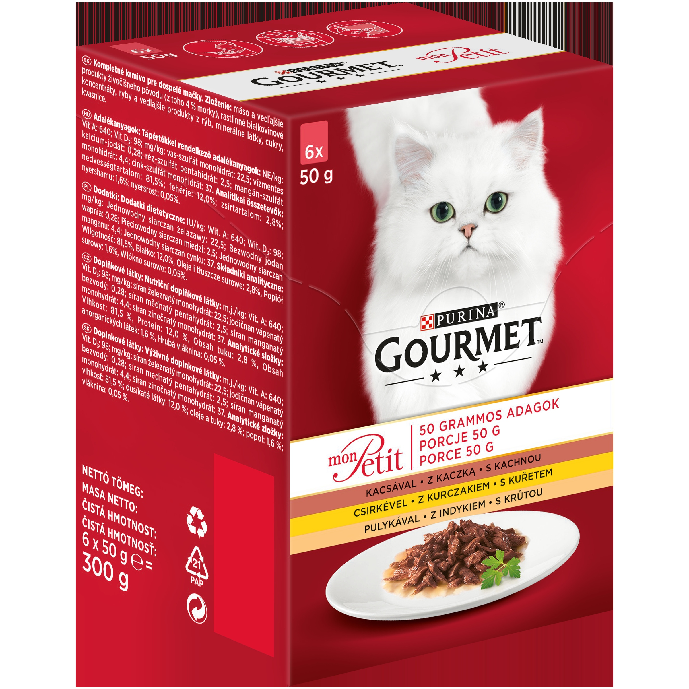 Opakowanie karmy dla kotów Purina Gourmet z białym kotem i daniem mięsnym.