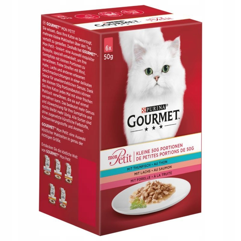 Pudełko karm dla kotów Purina Gourmet Mon Petit z białym kotem.