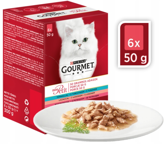 Czerwone pudełko karmy dla kotów Purina Gourmet Mon Petit obok białego talerza.