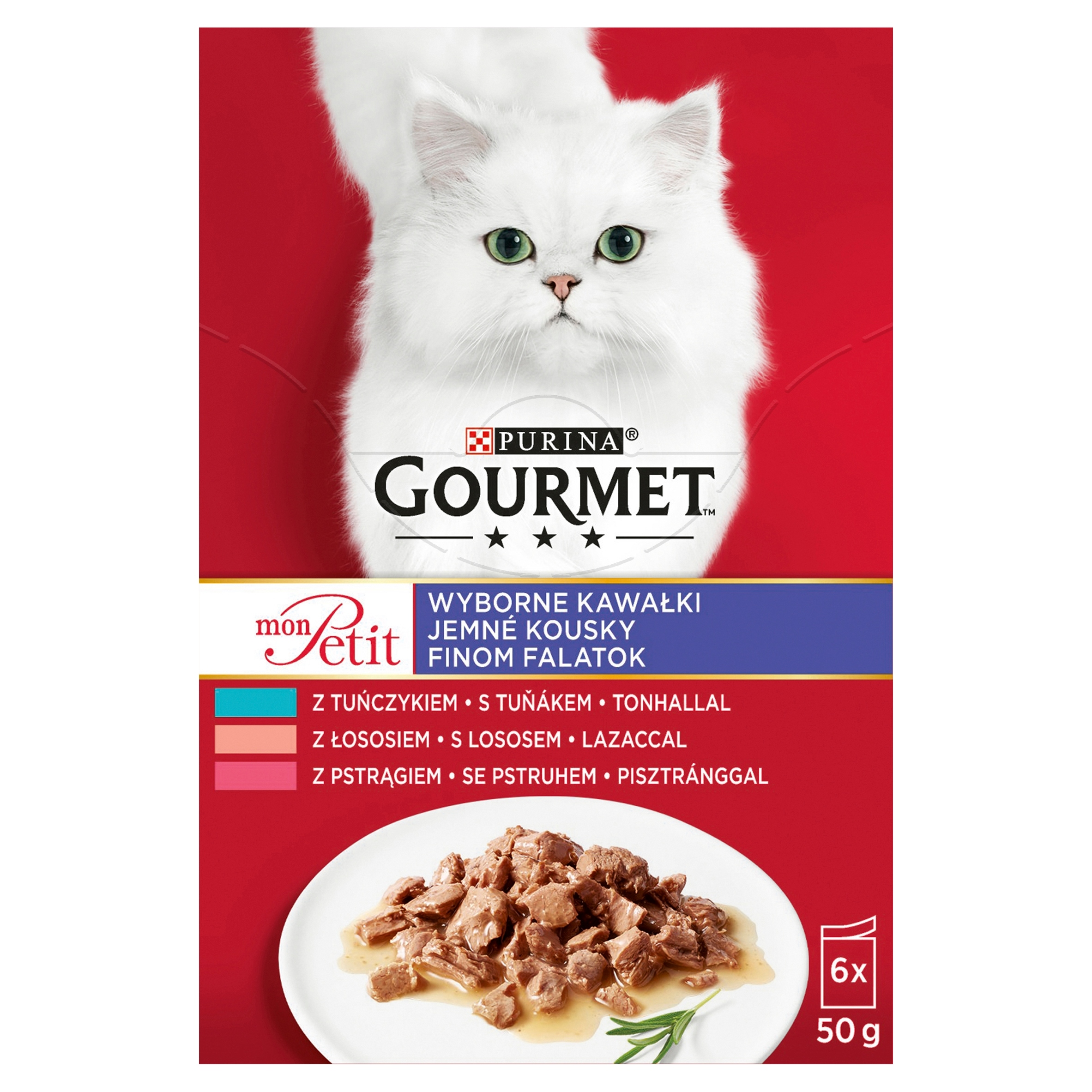Opakowanie karmy dla kotów Purina Gourmet Mon Petit z białym kotem i mięsem w sosie.