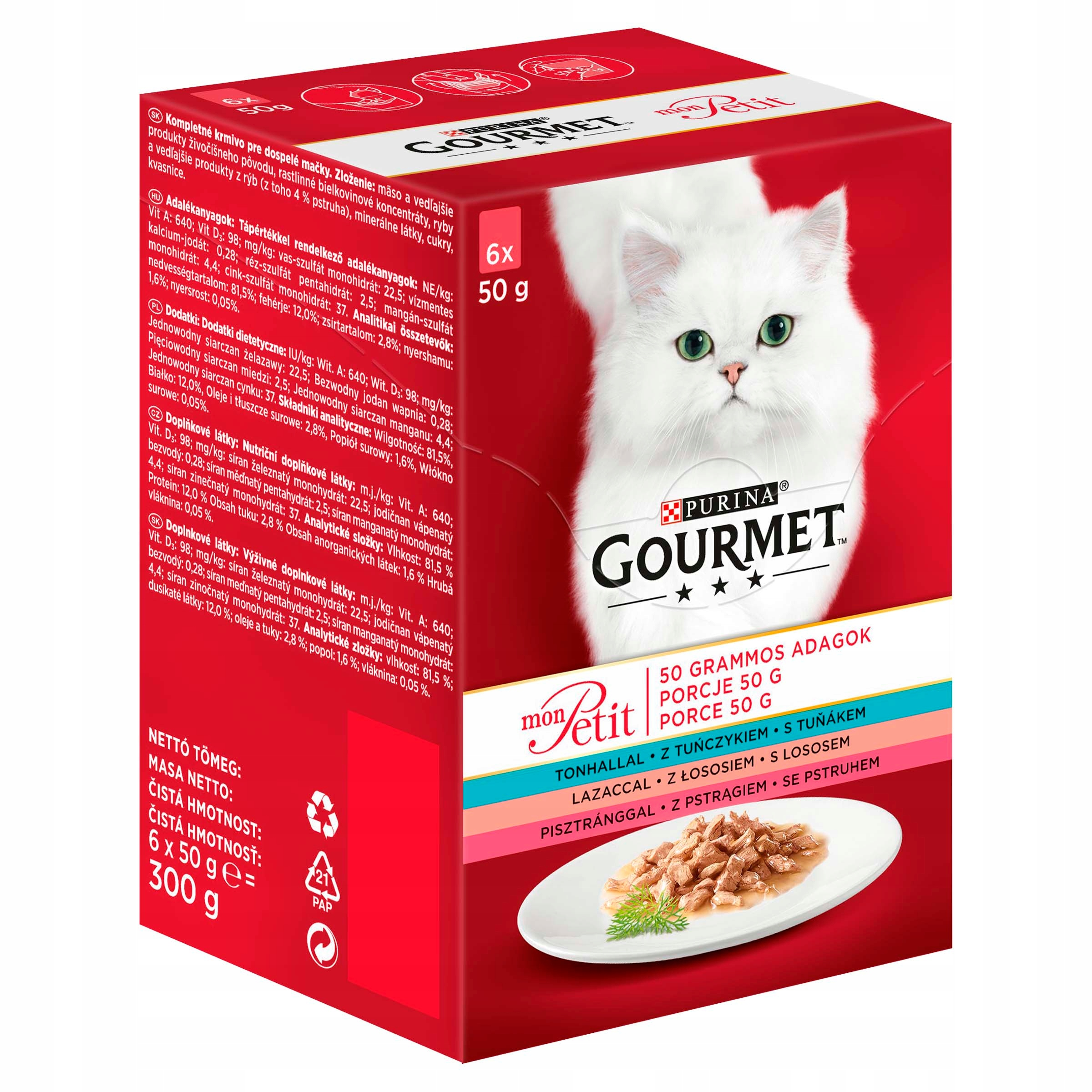 Pudełko karmy Purina Gourmet z białym kotem i zdjęciem jedzenia.