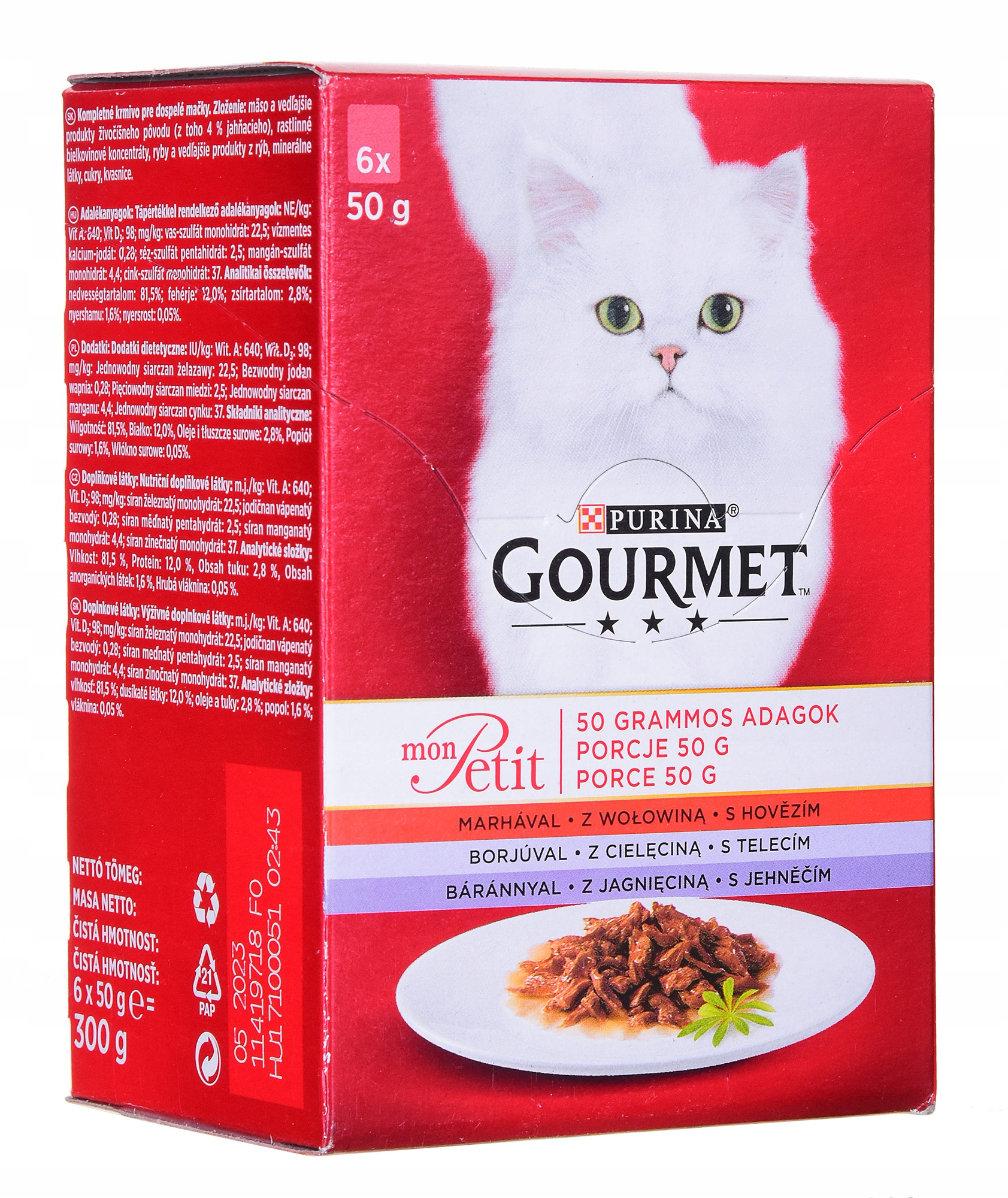 Czerwone pudełko karmy dla kotów Purina Gourmet Mon Petit z białym kotem.