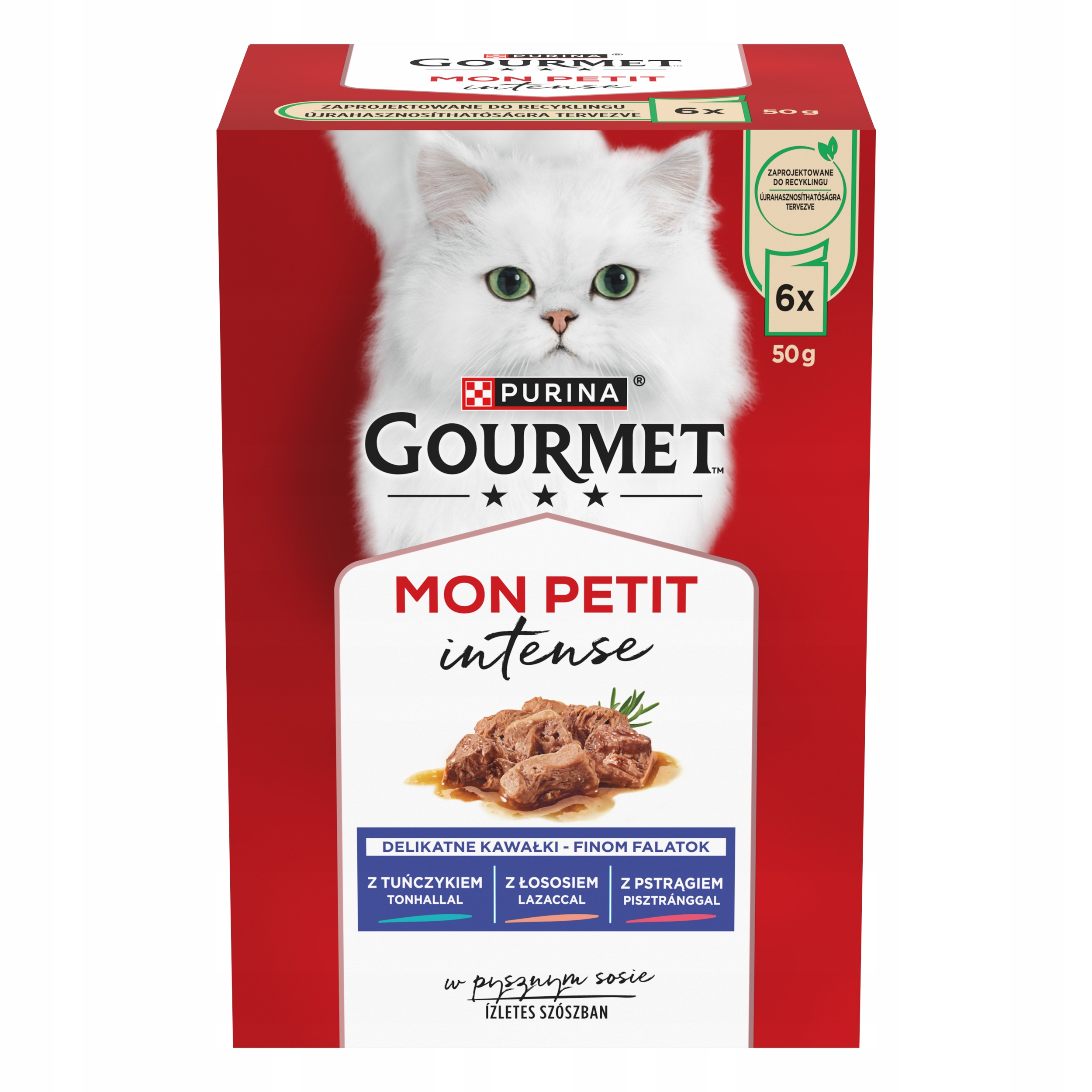 Czerwone pudełko karmy dla kota Purina Gourmet Mon Petit z białym kotem i kawałkami mięsa.