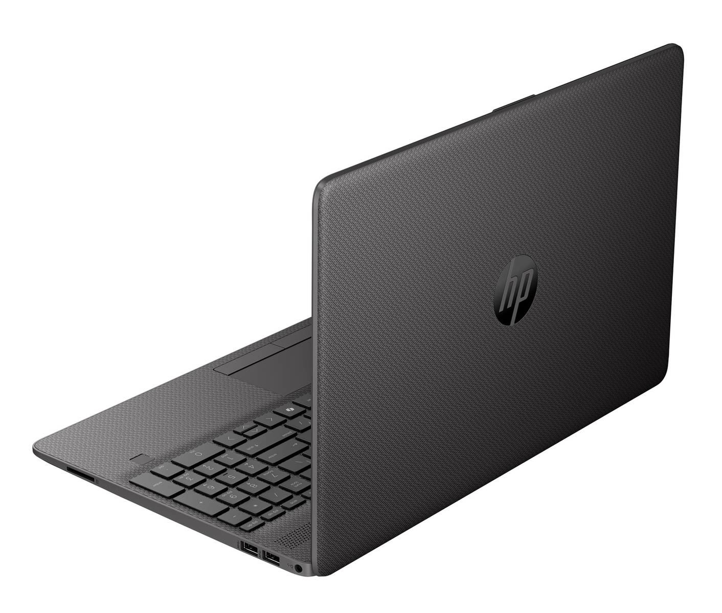 Portátil HP negro abierto sobre fondo blanco, visto desde atrás a la derecha mostrando teclado y cubierta texturizada.