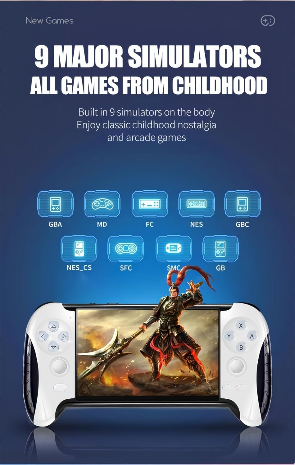 Blaue Werbung für tragbare Spielkonsole mit neun Simulatorsystemen und Action-Charakter auf dem Bildschirm.