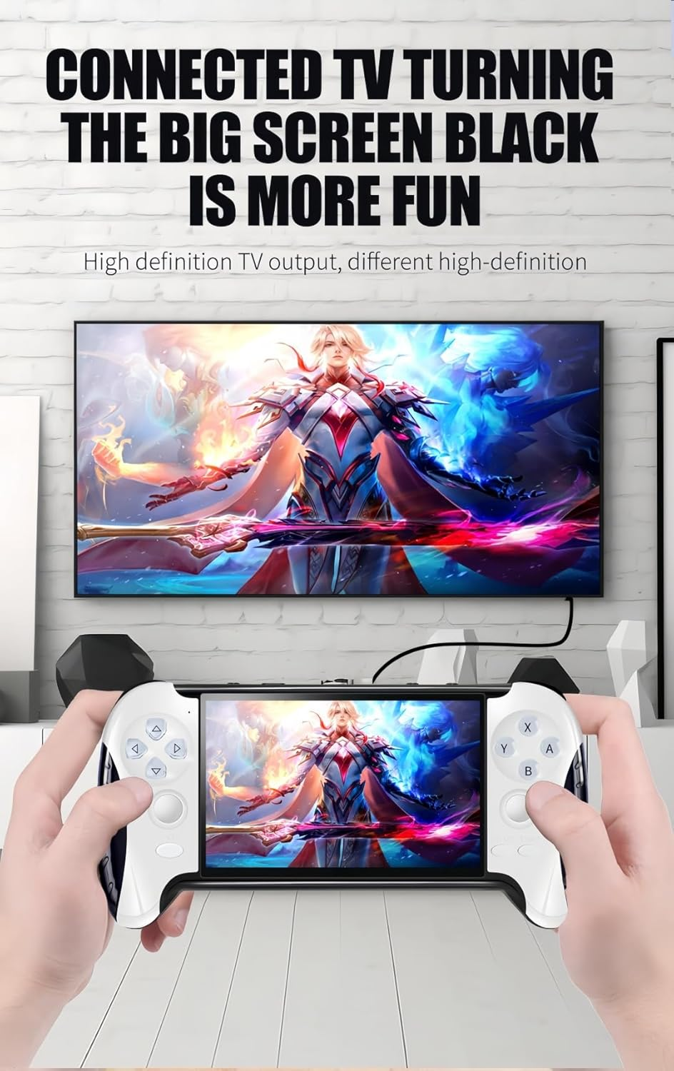 Handgehaltener Controller zeigt Fantasy-Spiel, verbunden mit einem großen TV-Bildschirm an einer weißen Backsteinwand.