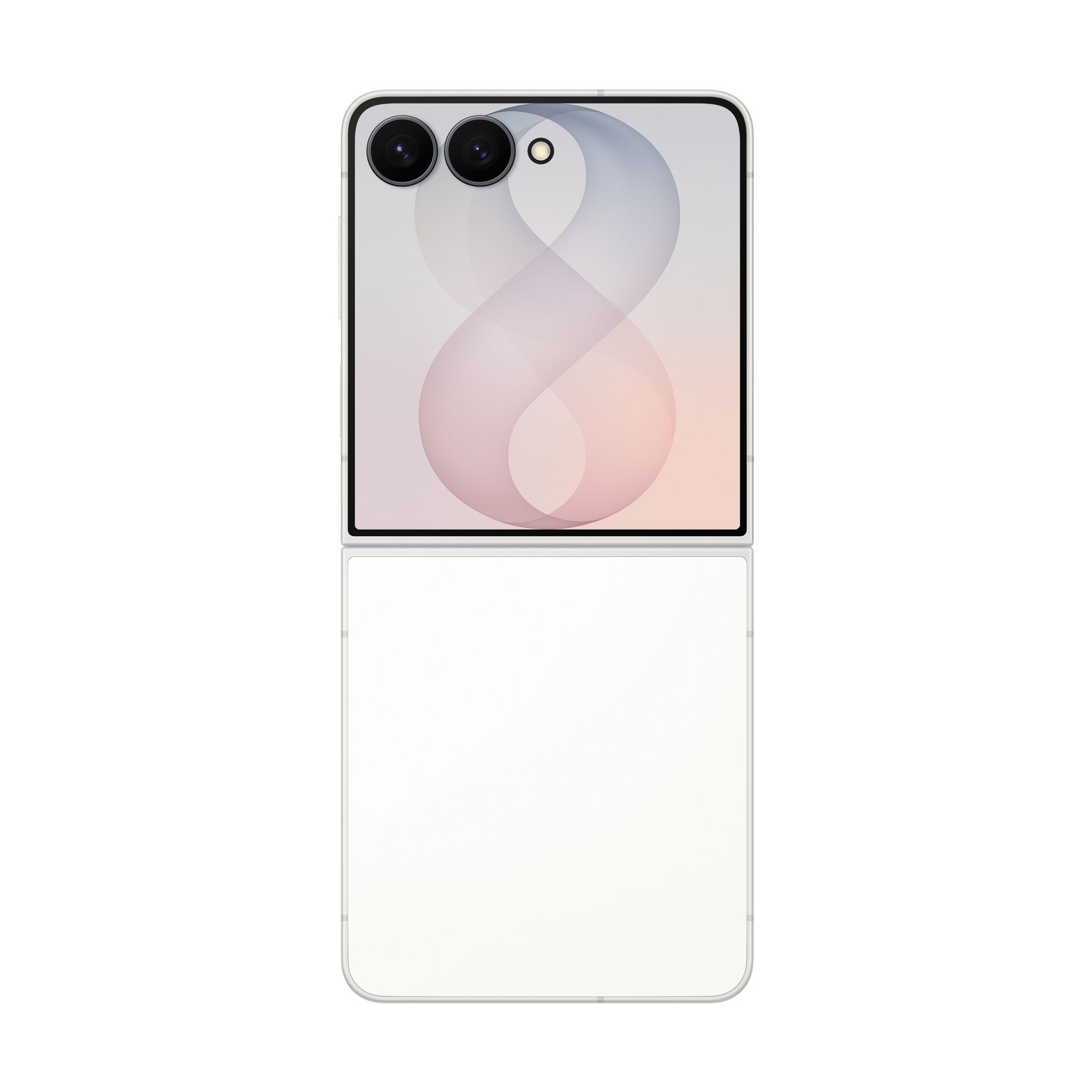 Smartphone pieghevole bianco con doppia fotocamera posteriore e schermo esterno astratto.