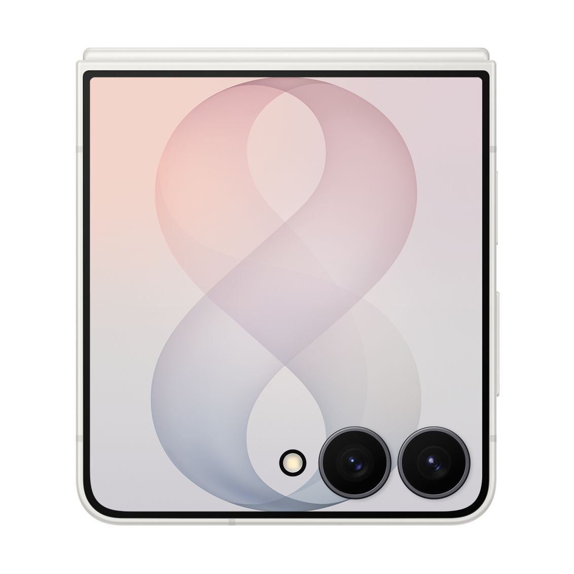 Uno smartphone pieghevole bianco con due fotocamere e un motivo astratto sullo schermo posteriore.