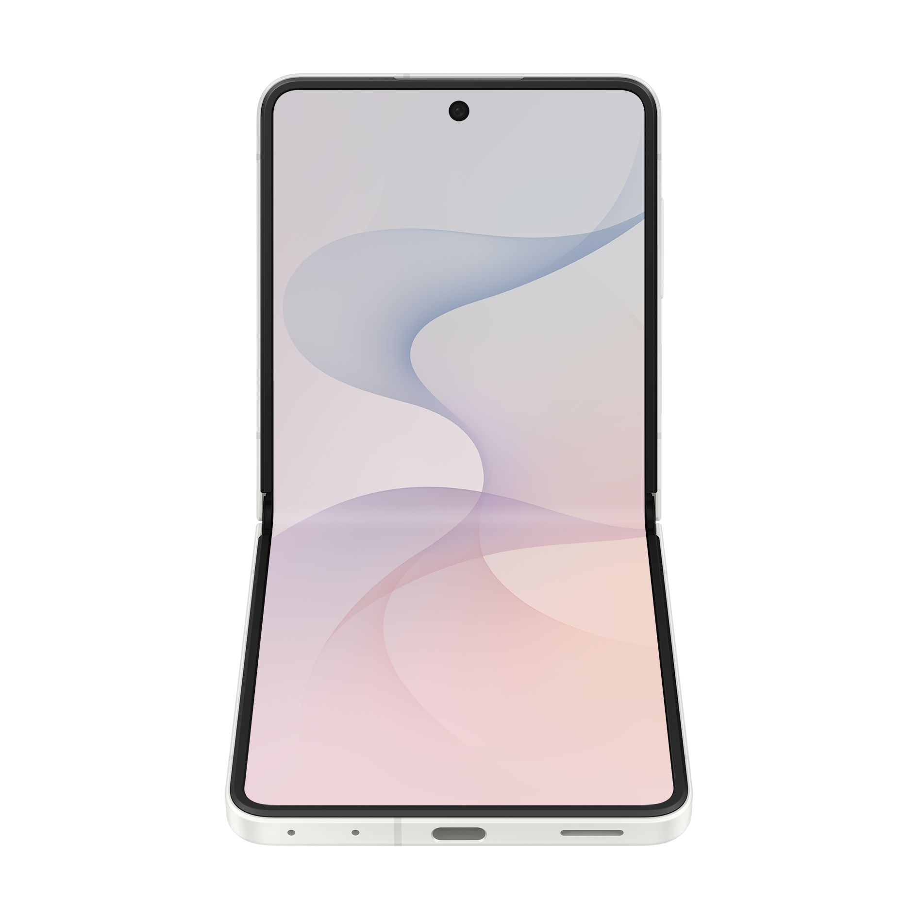Uno smartphone pieghevole bianco con schermo flessibile che mostra un motivo a onde astratte.
