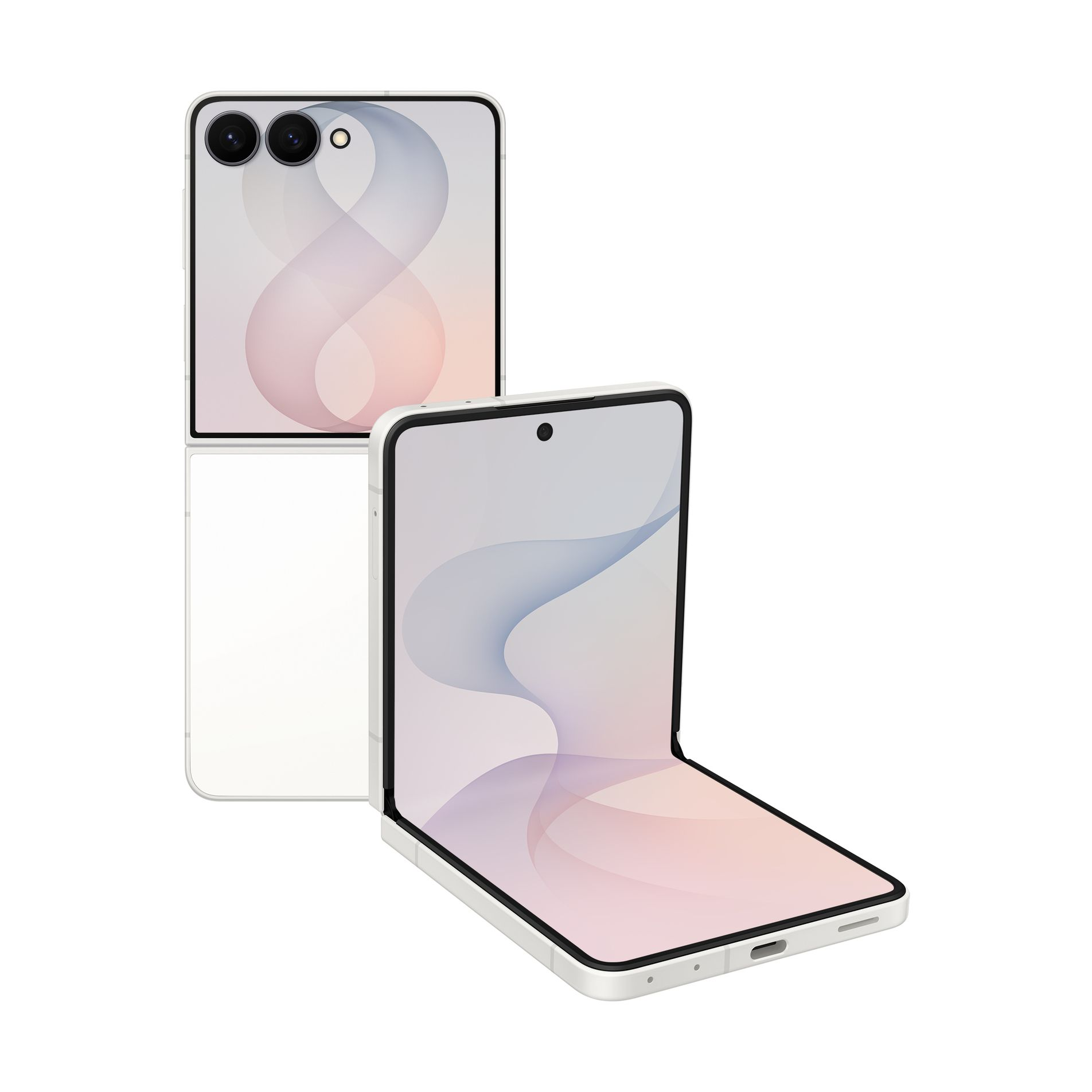 Uno smartphone pieghevole bianco mostrato una volta chiuso e una volta a metà aperto con schermo.