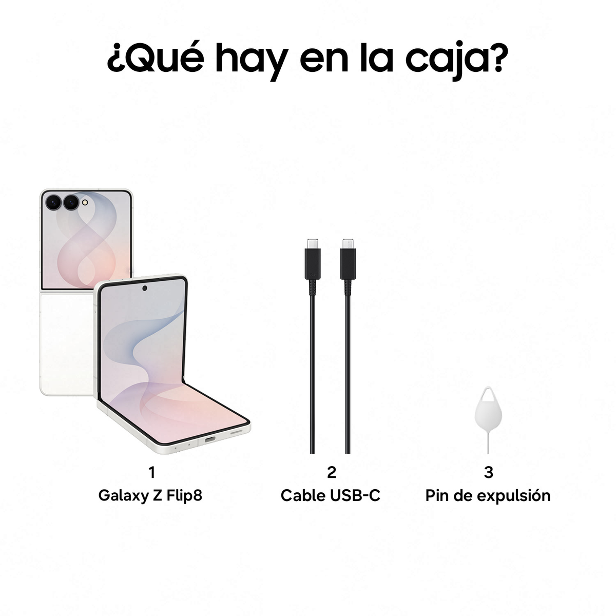 Contenuto del Galaxy Z Flip8: telefono pieghevole, cavo USB-C e spilletta su sfondo bianco.