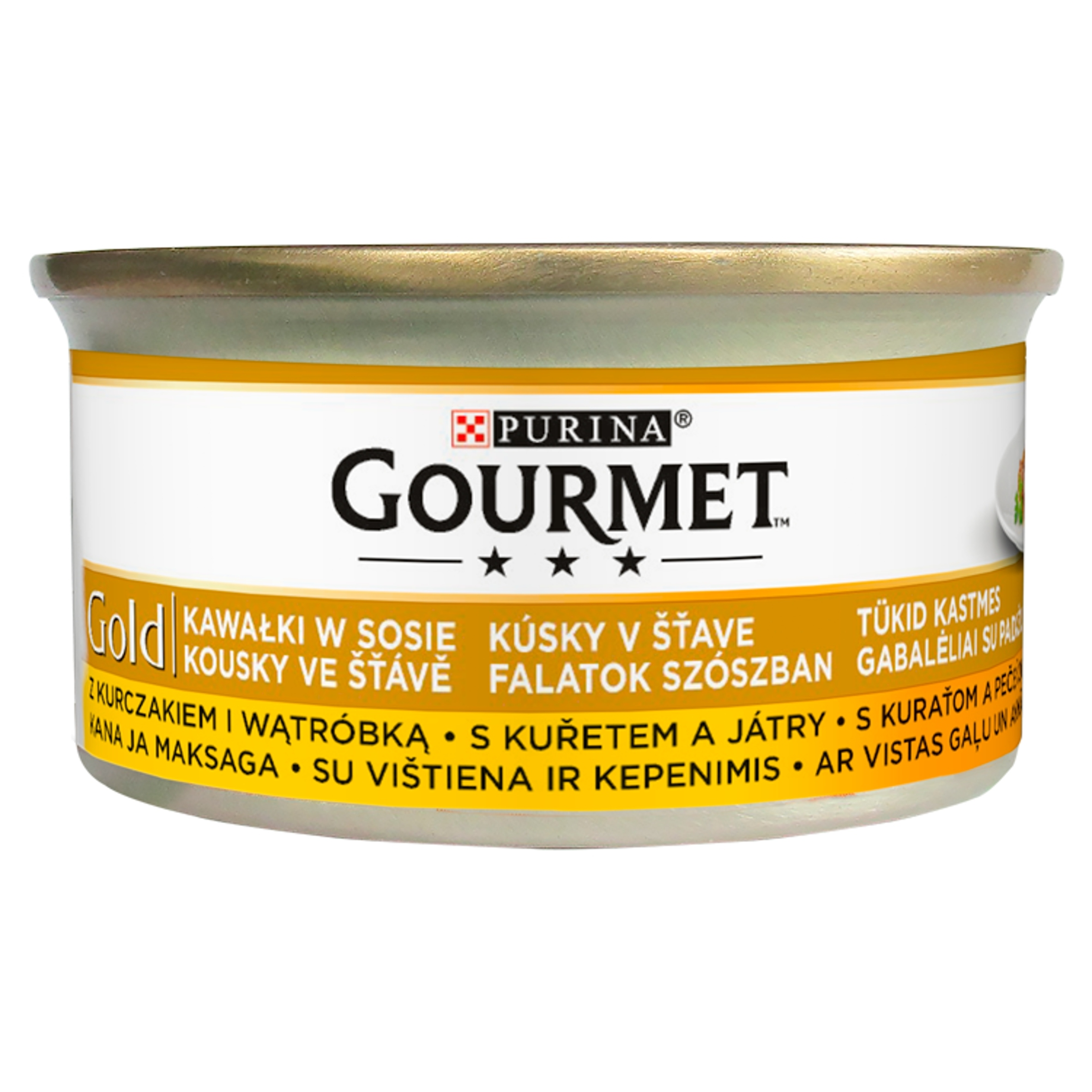 Puszka karma dla kota Purina Gourmet Gold z kurczakiem i wątróbką.