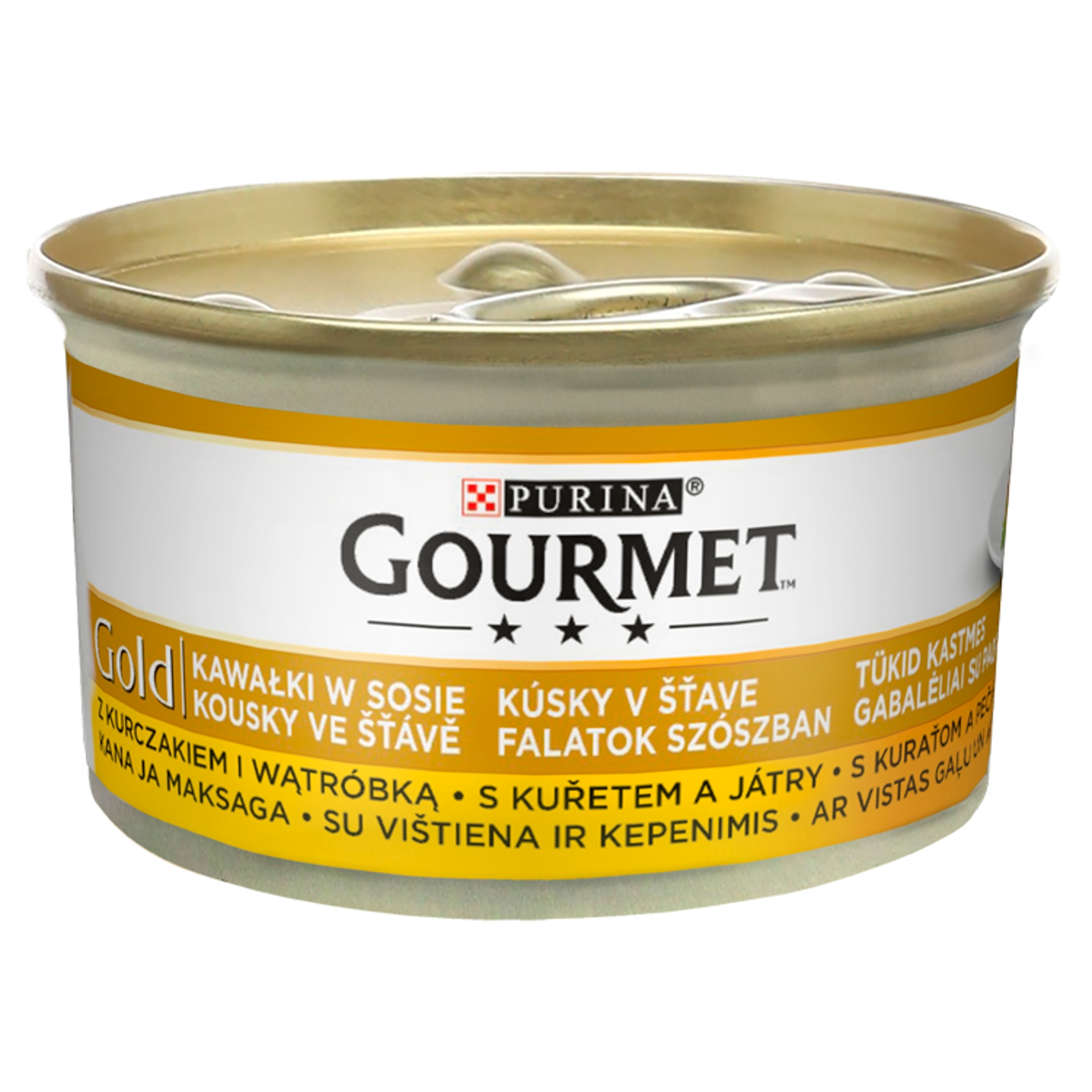 Okrągła puszka karmy dla kota Purina Gourmet ze złotą pokrywką i biało-żółtą etykietą.