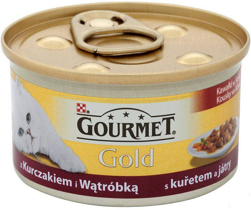 Okrągła puszka karmy dla kota Gourmet Gold z kurczakiem i wątróbką, biały kot i złote wieczko.