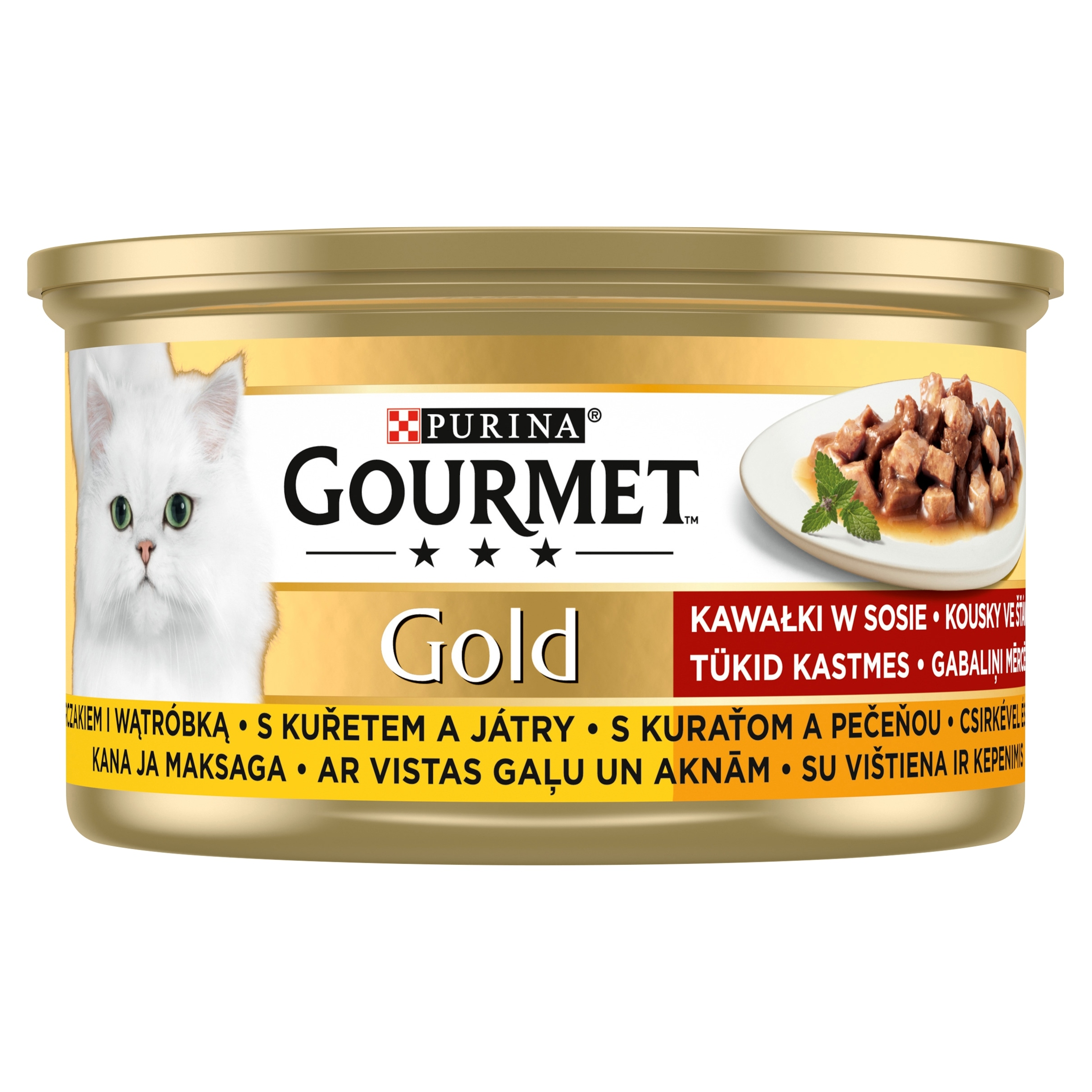 Złota puszka karmy dla kota Purina Gourmet z białym kotem i kawałkami mięsa.
