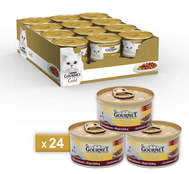 Pudełko i trzy puszki karmy dla kotów Gourmet Gold z kurczakiem i wątróbką oraz etykieta x24.