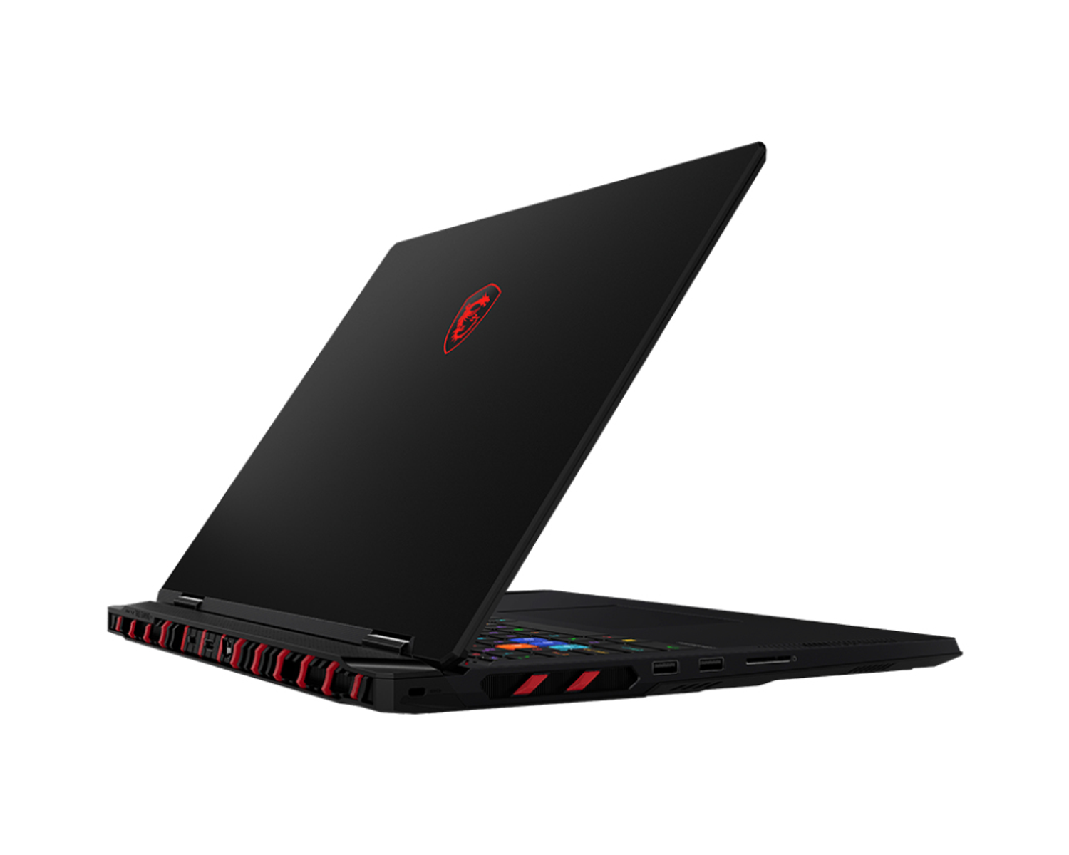 Un ordenador portátil gaming MSI negro con un logotipo rojo en la tapa descansa sobre un fondo blanco.