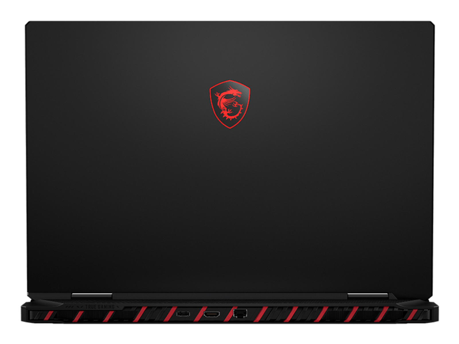 Portátil MSI negro con logotipo de dragón rojo en la tapa cerrada y detalles rojos en las rejillas.