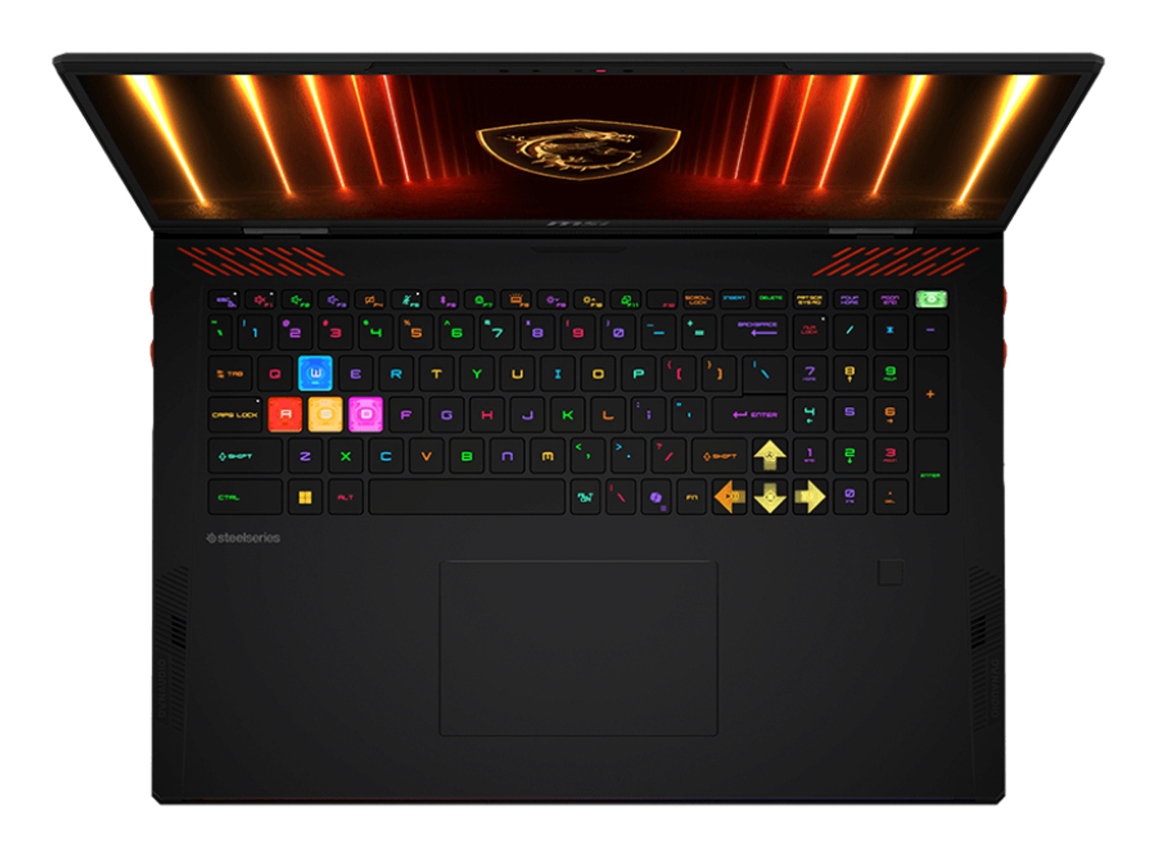 Un portátil de juegos negro con retroiluminación RGB colorida en el teclado y un logotipo de dragón MSI iluminado.