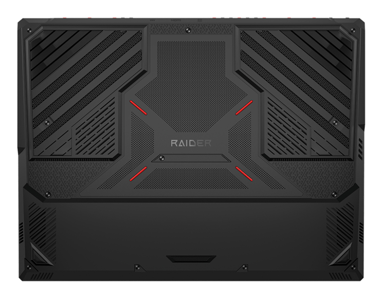 La cubierta inferior negra de un portátil con rejillas de ventilación, el logotipo Raider y detalles rojos.