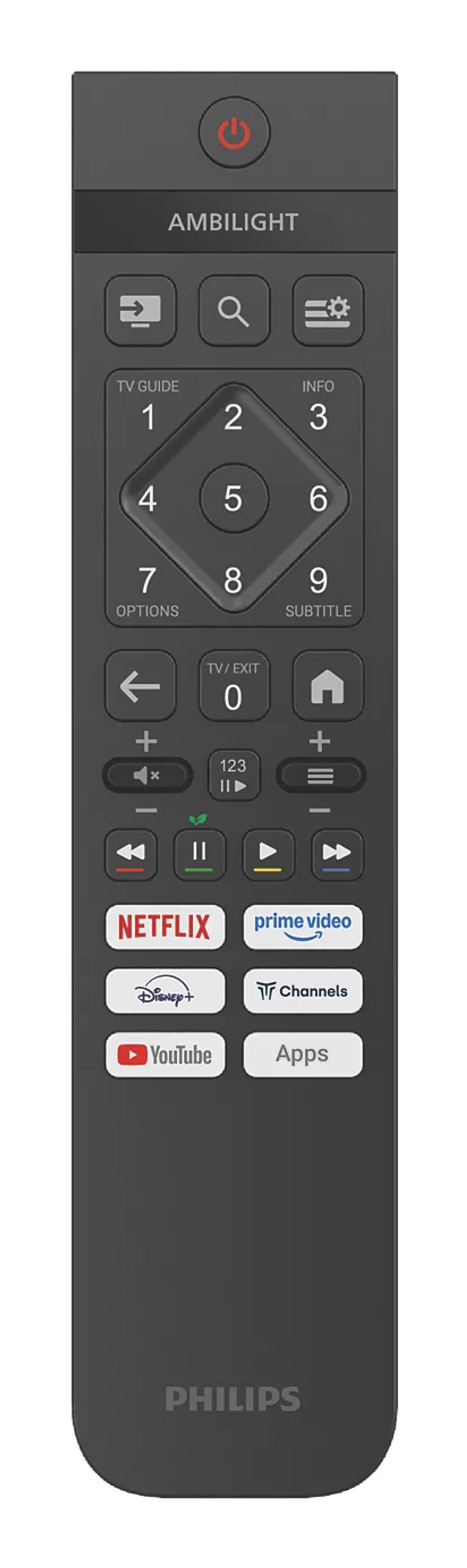 Un control remoto de TV Philips Ambilight negro con teclado numérico, flechas de navegación y botones de streaming.