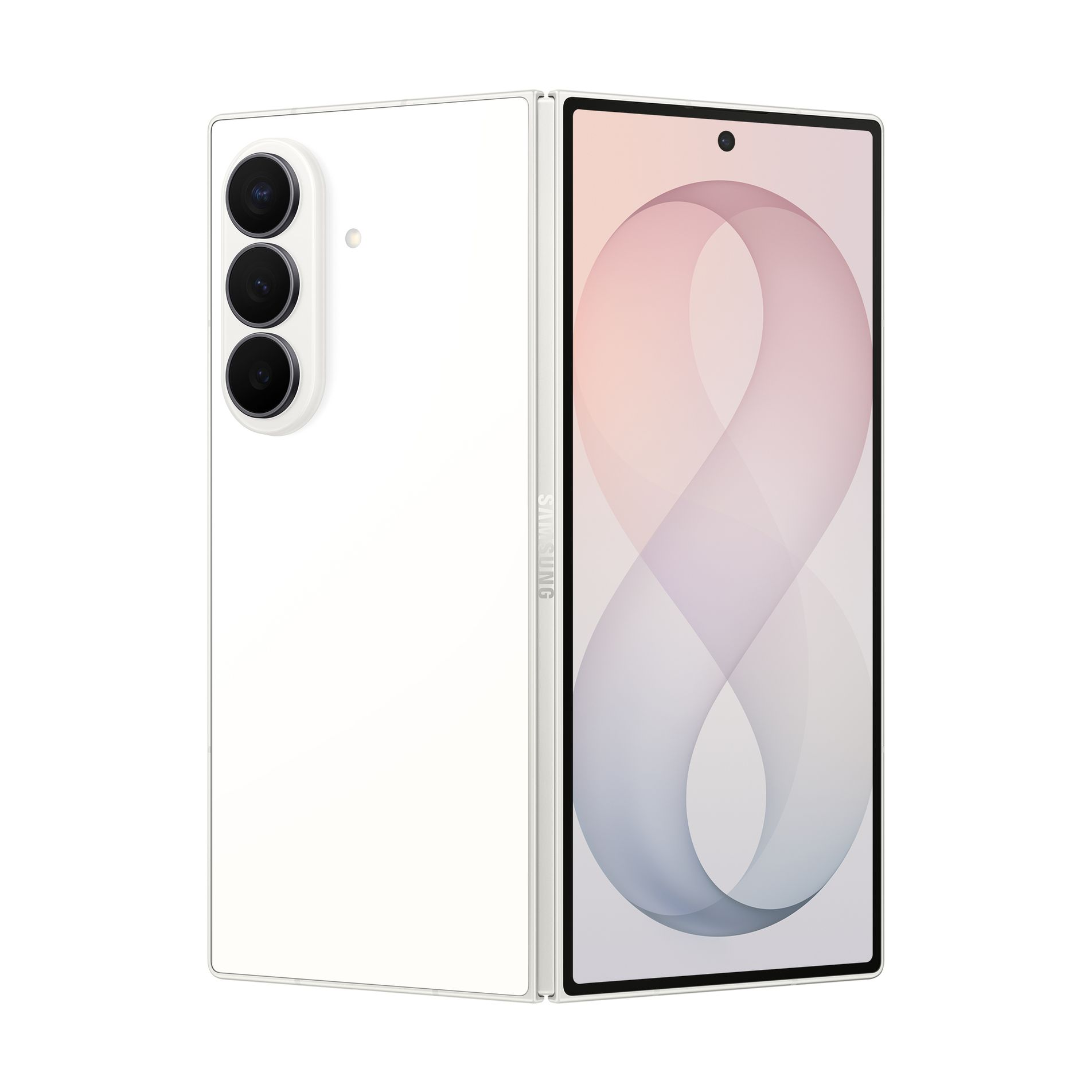 Uno smartphone pieghevole bianco con tre fotocamere posteriori e una schermata iniziale illuminata.