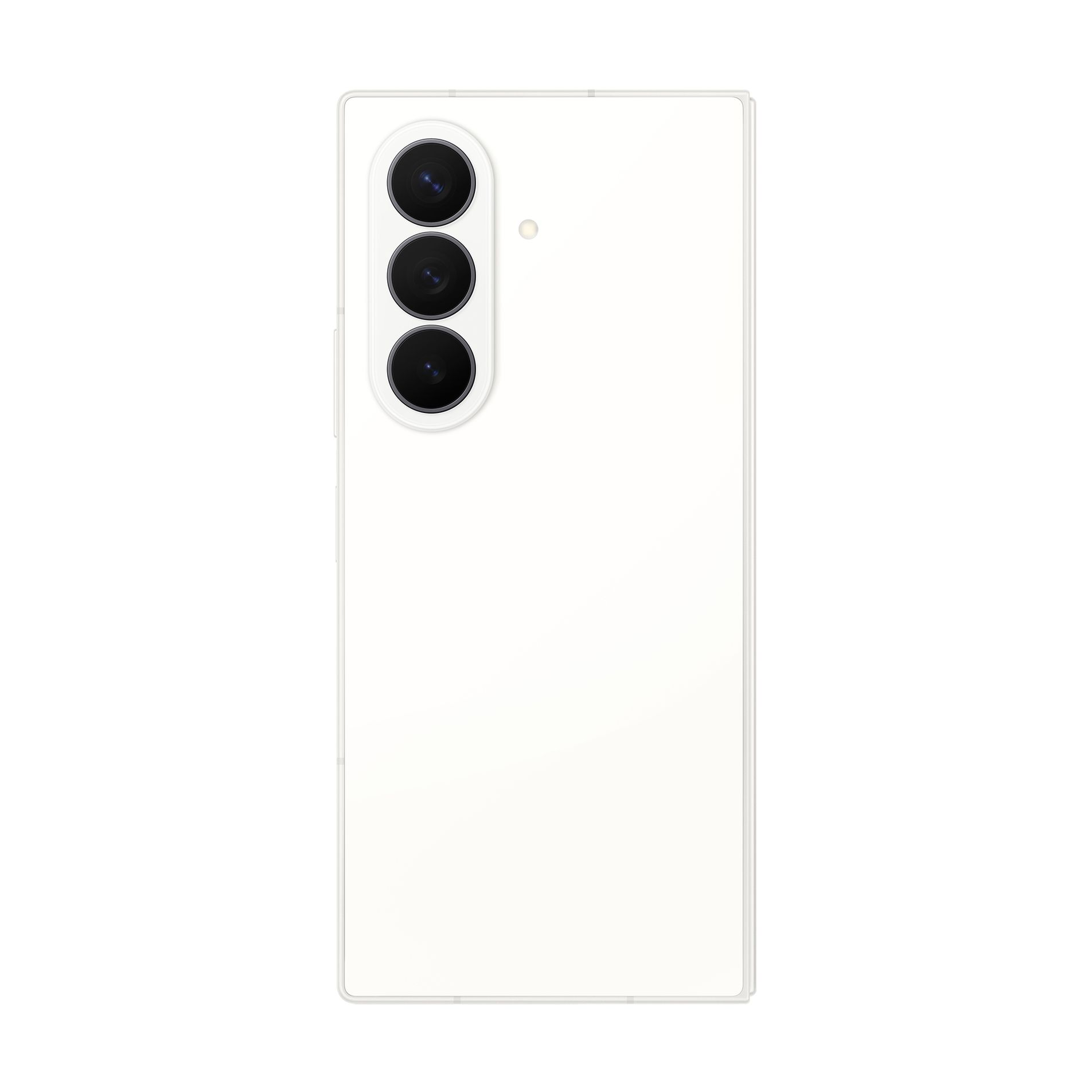 Retro di uno smartphone bianco con tre obiettivi fotografici disposti verticalmente e un piccolo flash.