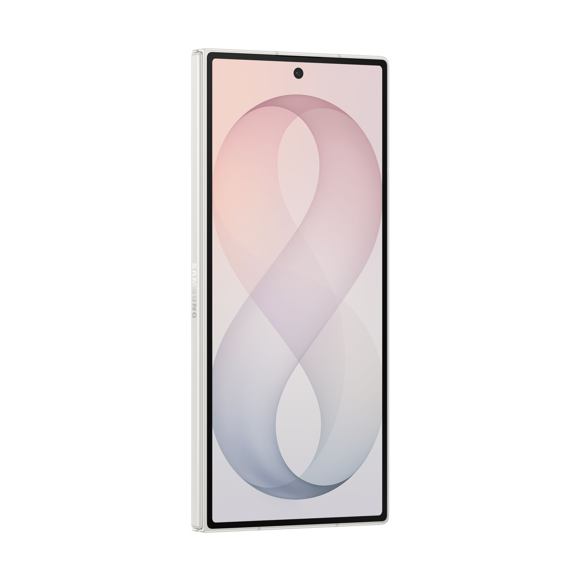 Uno smartphone bianco con schermo verticale che mostra una grafica astratta rosa e grigia che ricorda un otto.