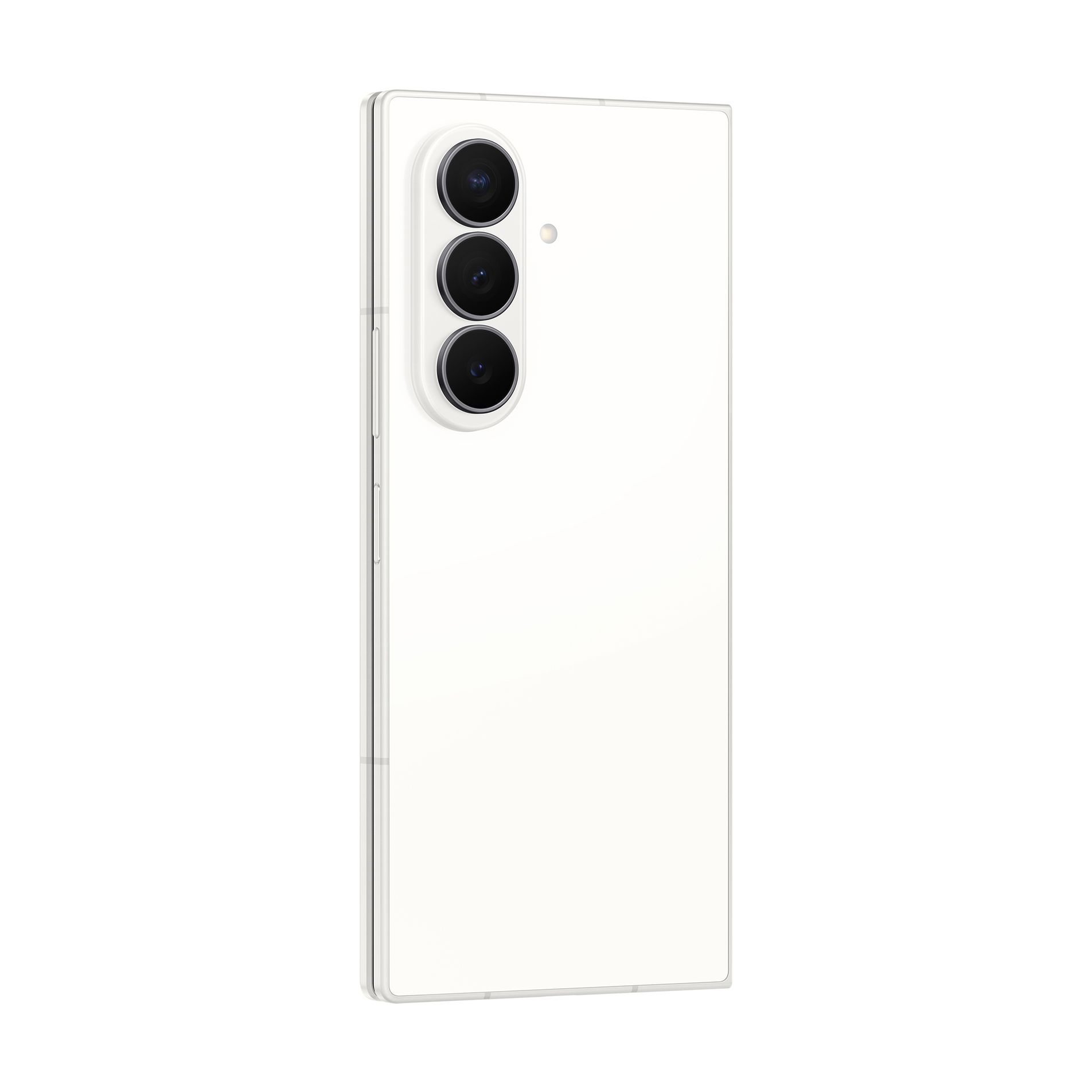 Vista posteriore di uno smartphone bianco con modulo fotocamera verticale su superficie bianca.