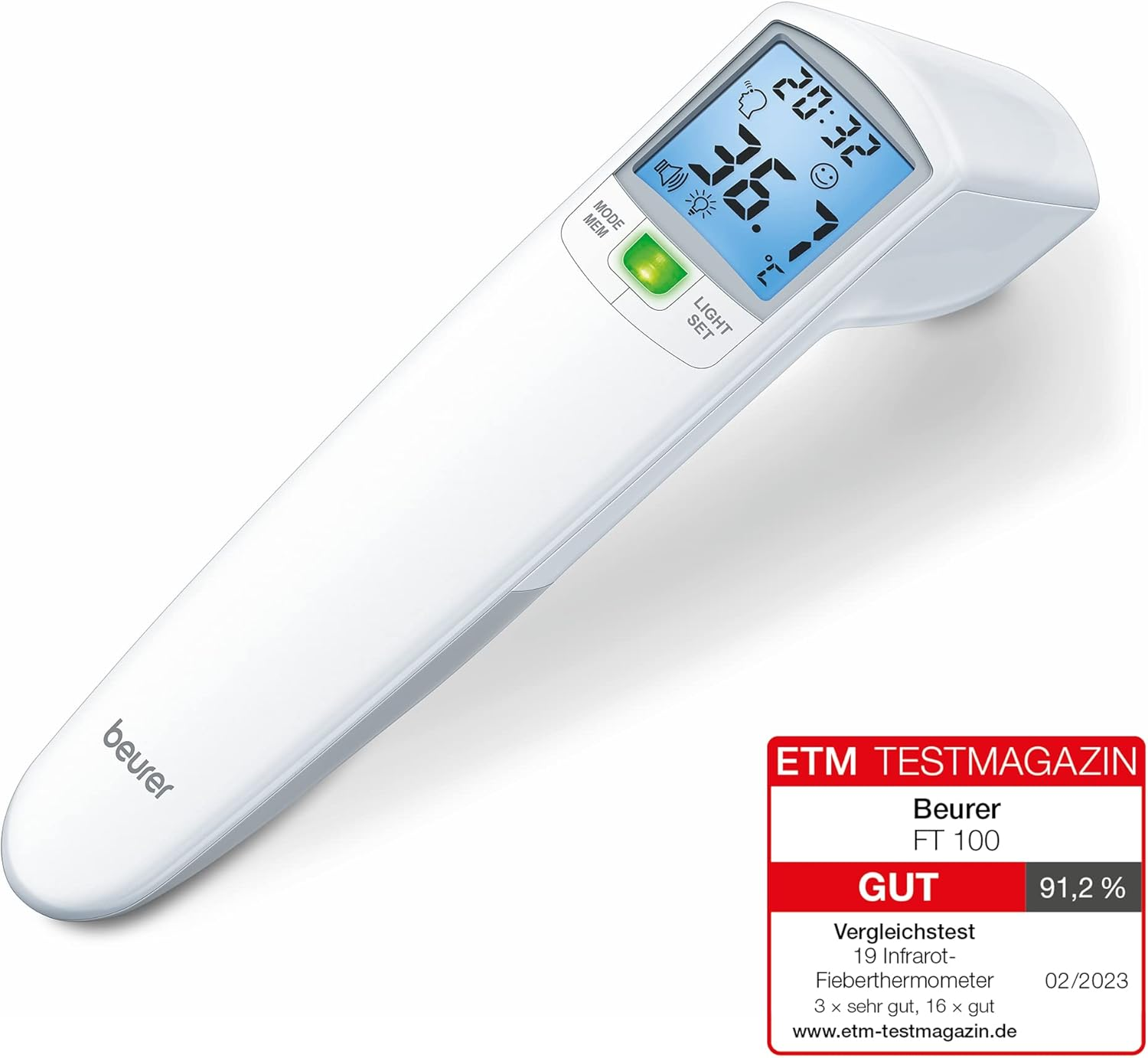 Weißes Infrarot-Fieberthermometer mit blauem Display und einem roten Testergebnis-Siegel unten rechts.